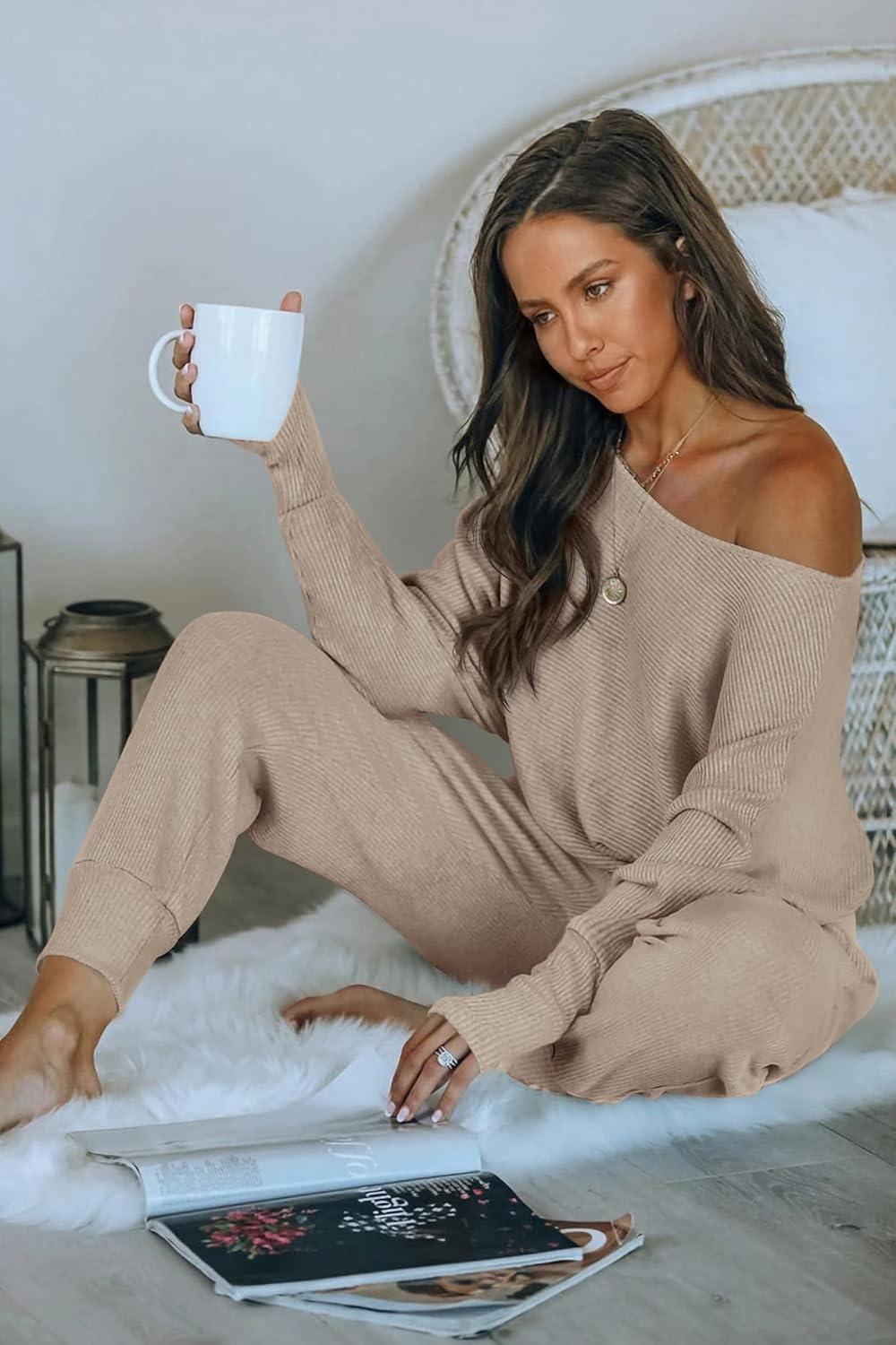 imagePRETTYGARDEN Two Piece Sets for Women 2026 Casual Ribbed Knit Off Shoulder Tops Lounge Pants Fall Tracksuits Winter ClothesApricot