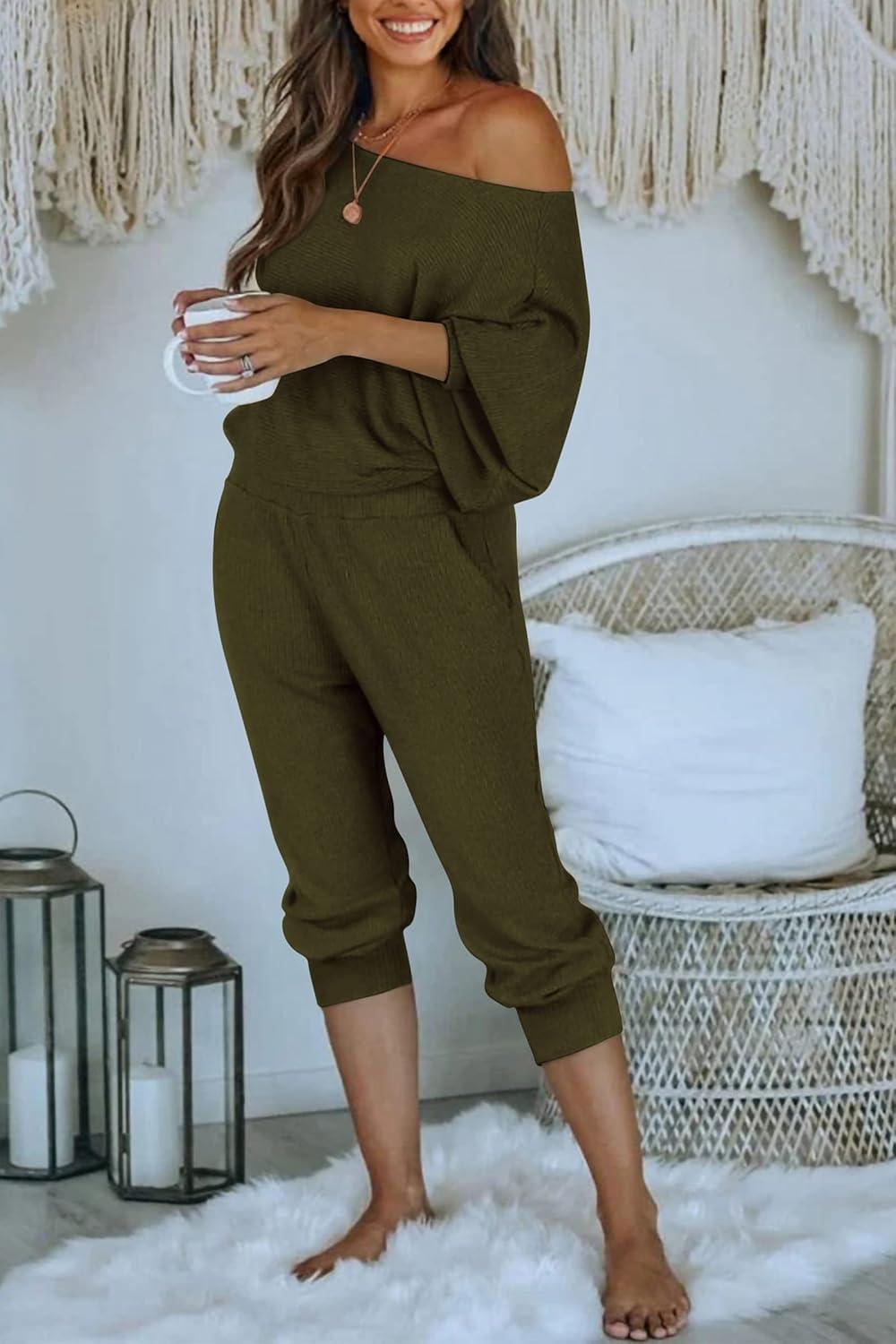 imagePRETTYGARDEN Two Piece Sets for Women 2026 Casual Ribbed Knit Off Shoulder Tops Lounge Pants Fall Tracksuits Winter ClothesArmy Green
