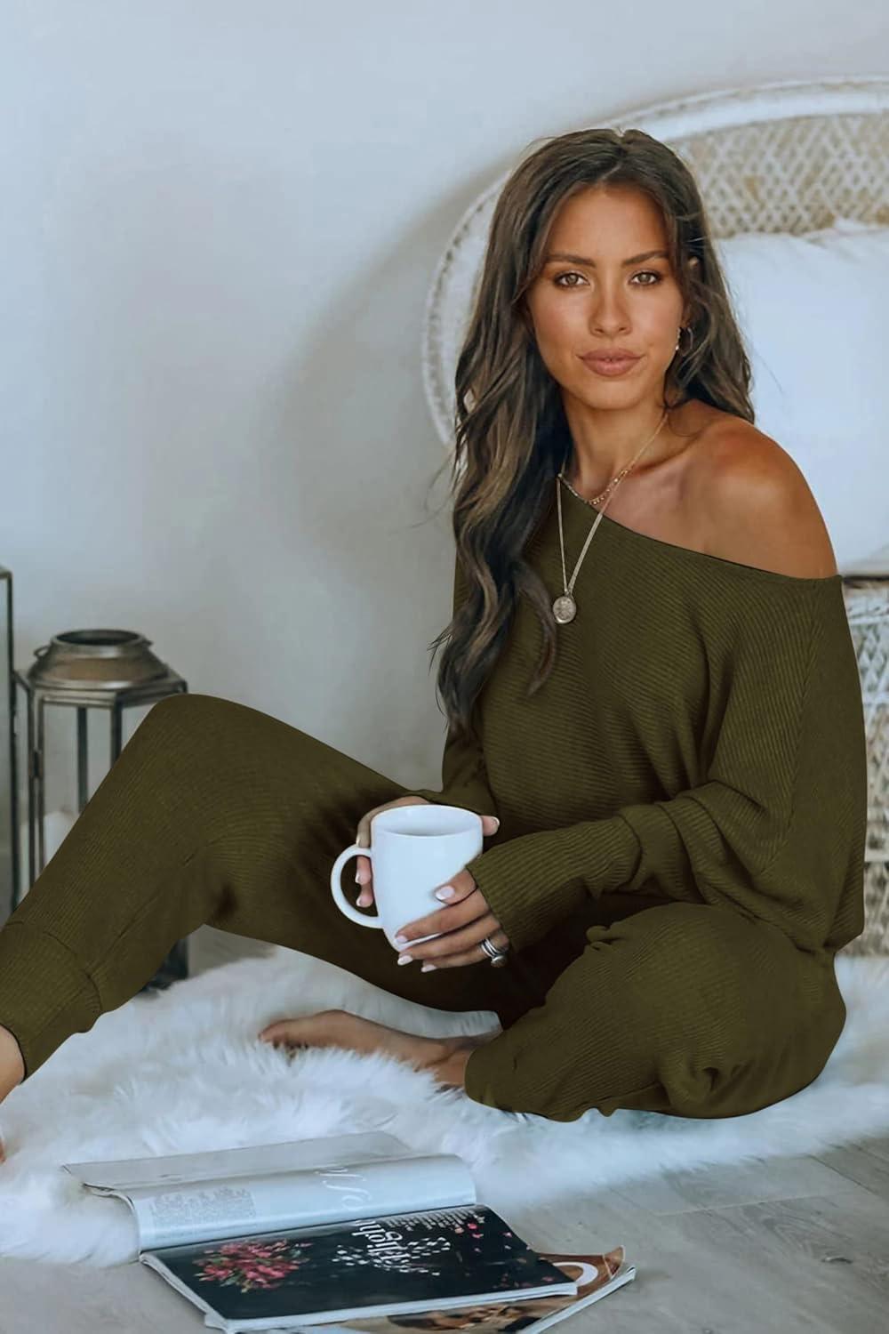 imagePRETTYGARDEN Two Piece Sets for Women 2026 Casual Ribbed Knit Off Shoulder Tops Lounge Pants Fall Tracksuits Winter ClothesArmy Green