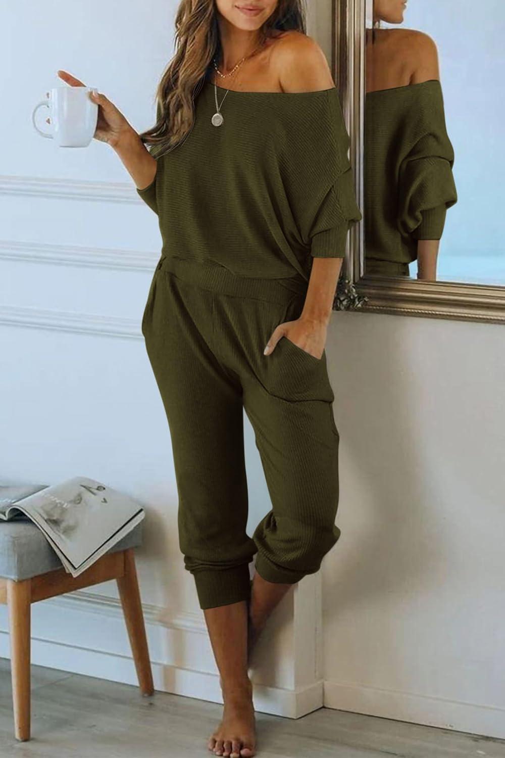imagePRETTYGARDEN Two Piece Sets for Women 2026 Casual Ribbed Knit Off Shoulder Tops Lounge Pants Fall Tracksuits Winter ClothesArmy Green