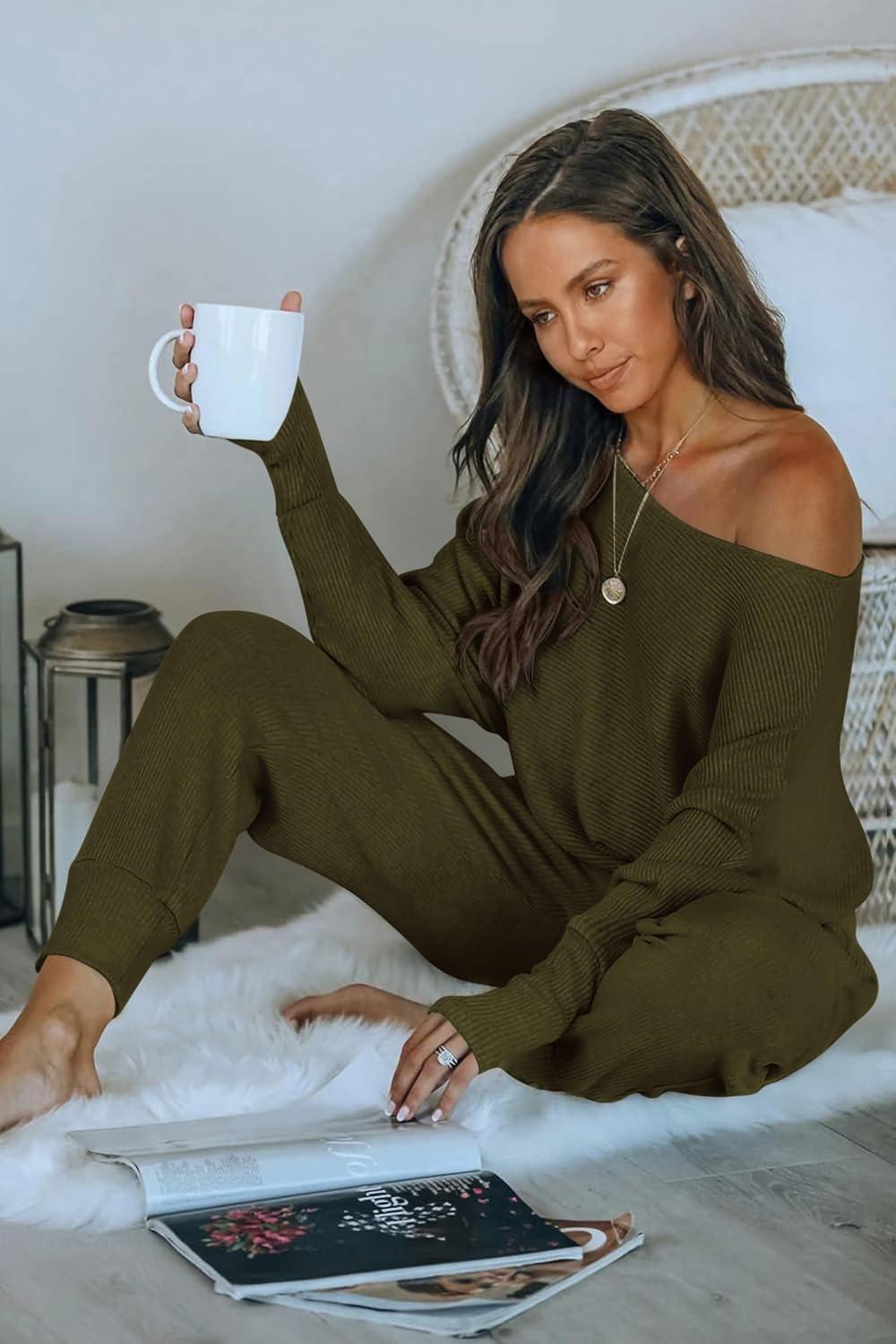 imagePRETTYGARDEN Two Piece Sets for Women 2026 Casual Ribbed Knit Off Shoulder Tops Lounge Pants Fall Tracksuits Winter ClothesArmy Green