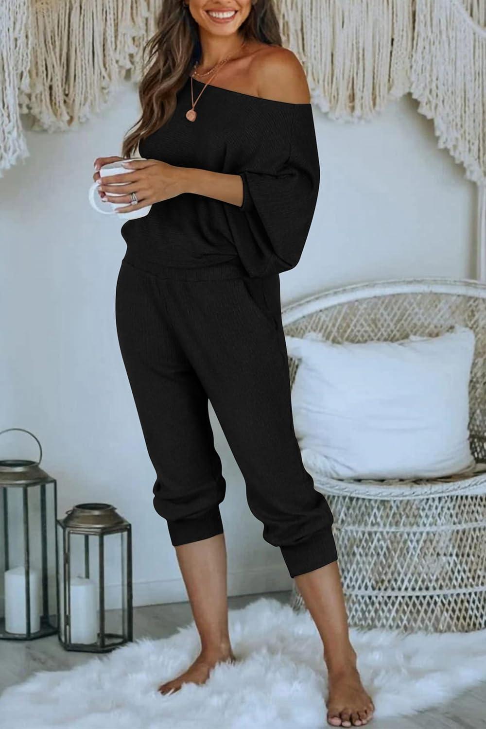 imagePRETTYGARDEN Two Piece Sets for Women 2026 Casual Ribbed Knit Off Shoulder Tops Lounge Pants Fall Tracksuits Winter ClothesBlack