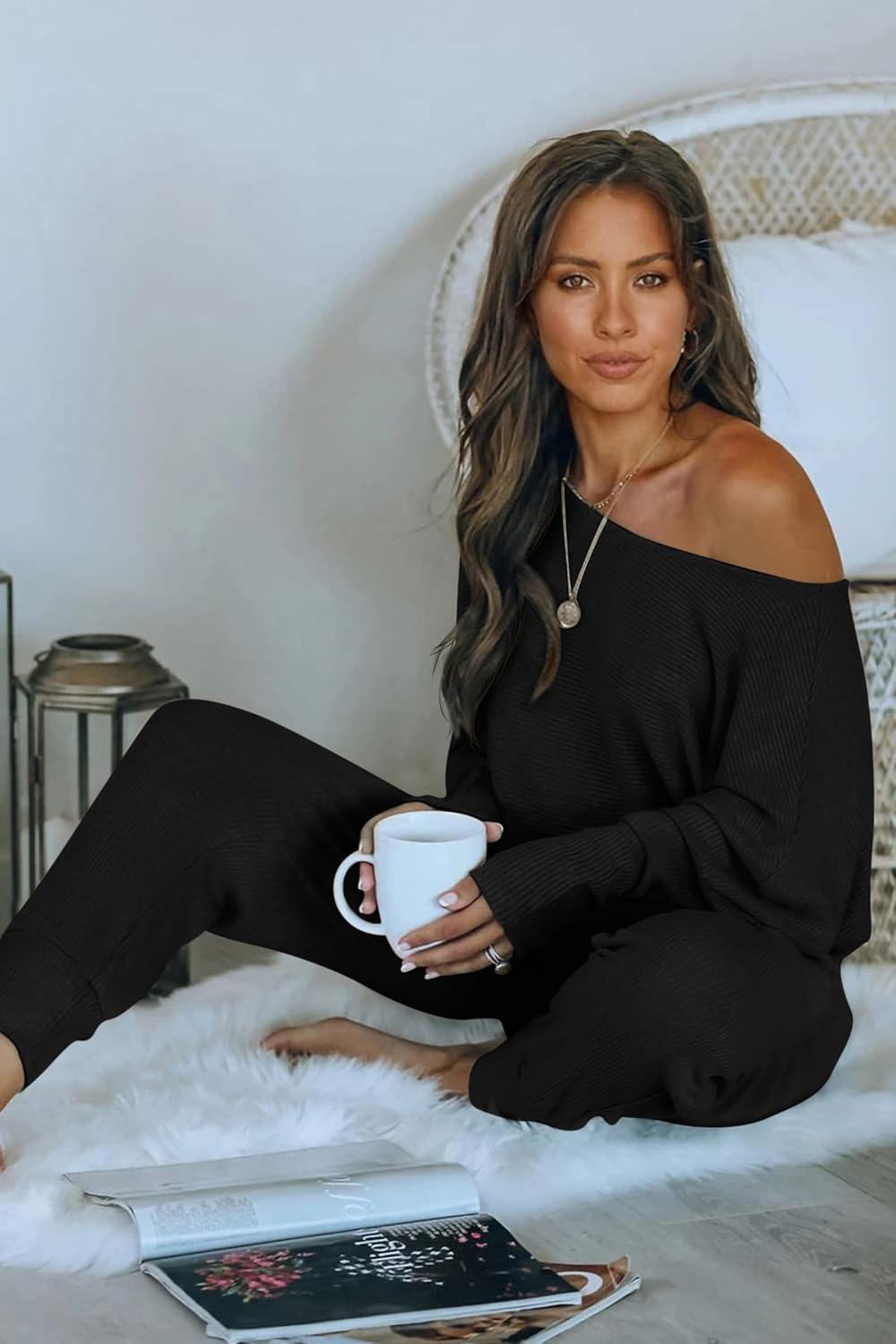 imagePRETTYGARDEN Two Piece Sets for Women 2026 Casual Ribbed Knit Off Shoulder Tops Lounge Pants Fall Tracksuits Winter ClothesBlack