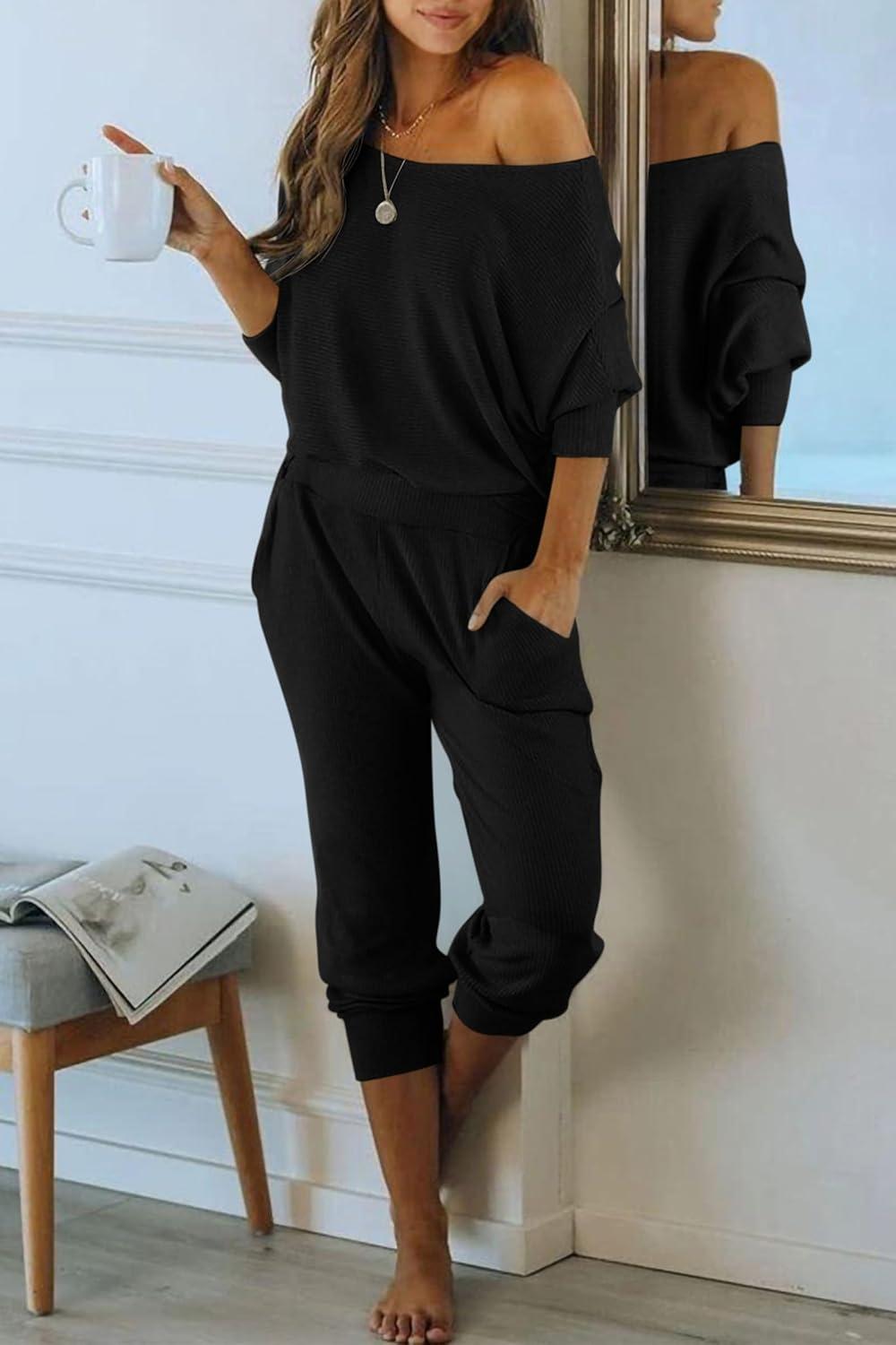 imagePRETTYGARDEN Two Piece Sets for Women 2026 Casual Ribbed Knit Off Shoulder Tops Lounge Pants Fall Tracksuits Winter ClothesBlack