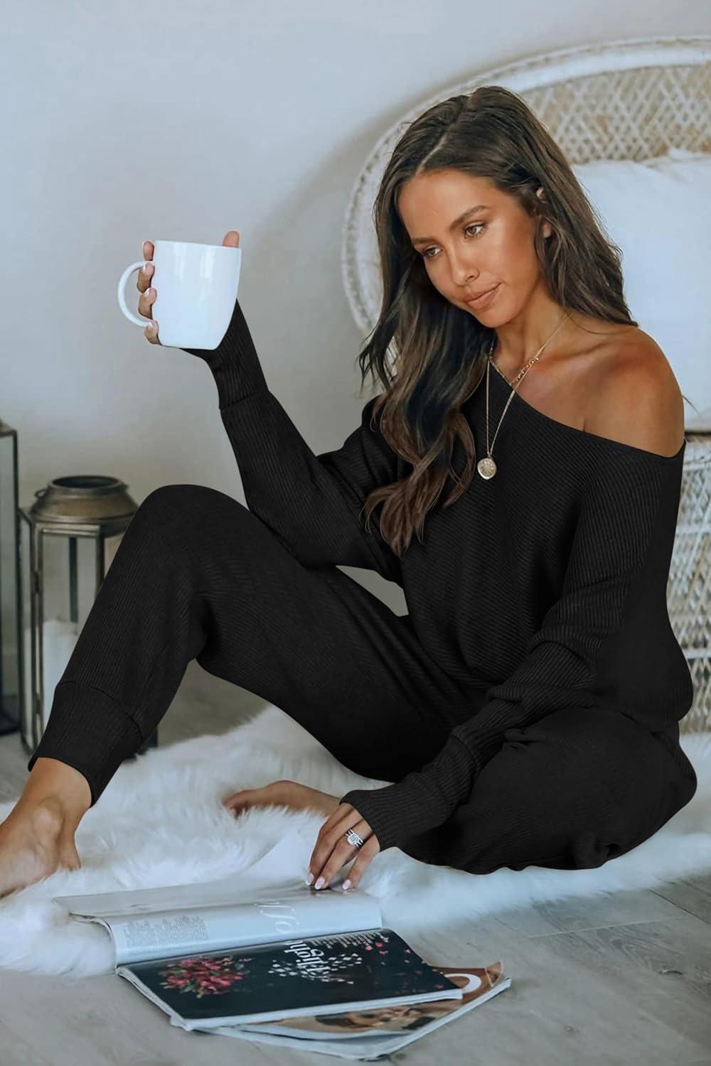 imagePRETTYGARDEN Two Piece Sets for Women 2026 Casual Ribbed Knit Off Shoulder Tops Lounge Pants Fall Tracksuits Winter ClothesBlack