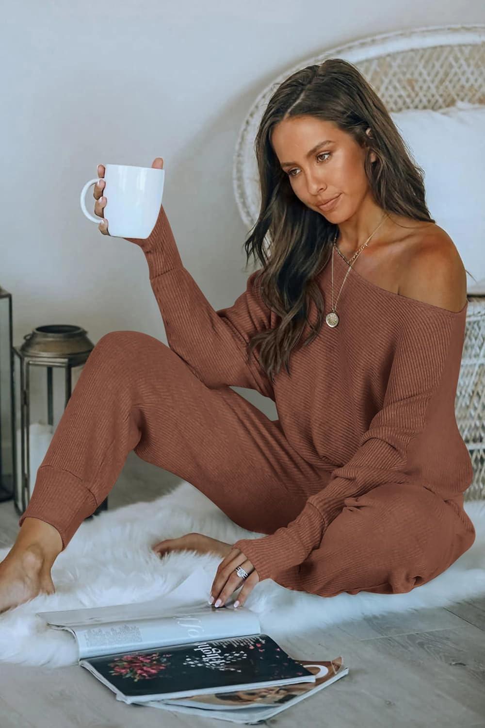 imagePRETTYGARDEN Two Piece Sets for Women 2026 Casual Ribbed Knit Off Shoulder Tops Lounge Pants Fall Tracksuits Winter ClothesCoffee