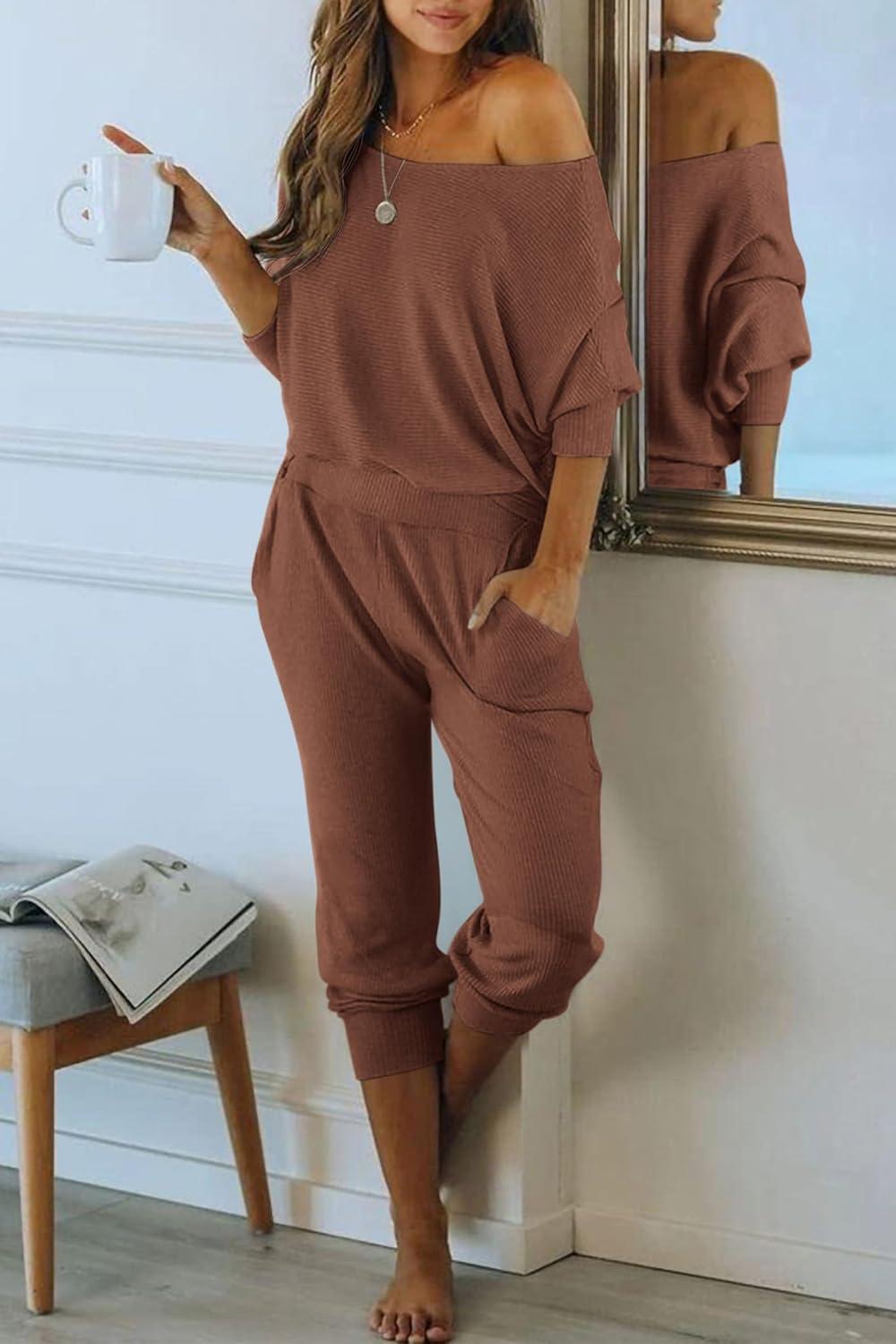 imagePRETTYGARDEN Two Piece Sets for Women 2026 Casual Ribbed Knit Off Shoulder Tops Lounge Pants Fall Tracksuits Winter ClothesCoffee
