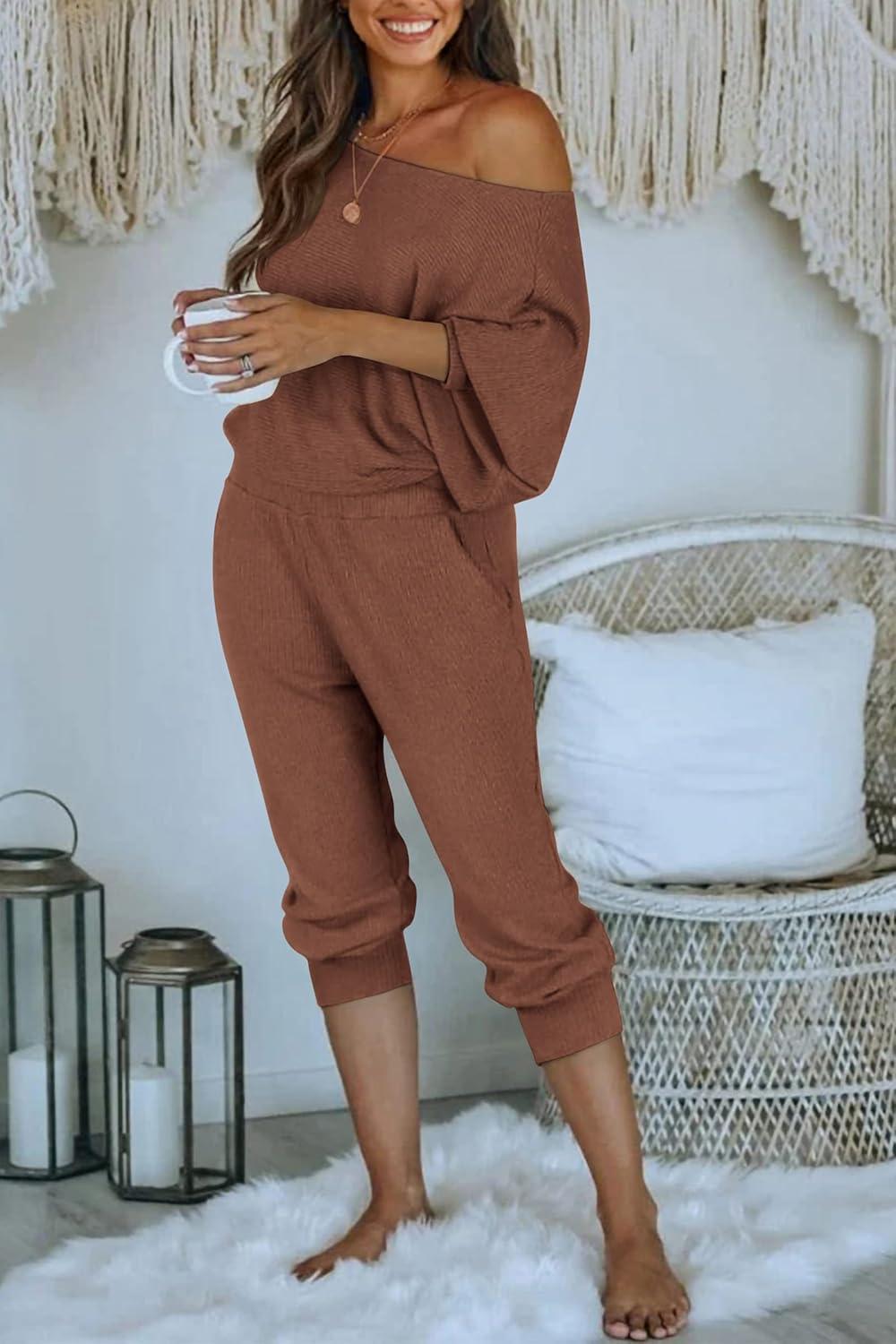 imagePRETTYGARDEN Two Piece Sets for Women 2026 Casual Ribbed Knit Off Shoulder Tops Lounge Pants Fall Tracksuits Winter ClothesCoffee