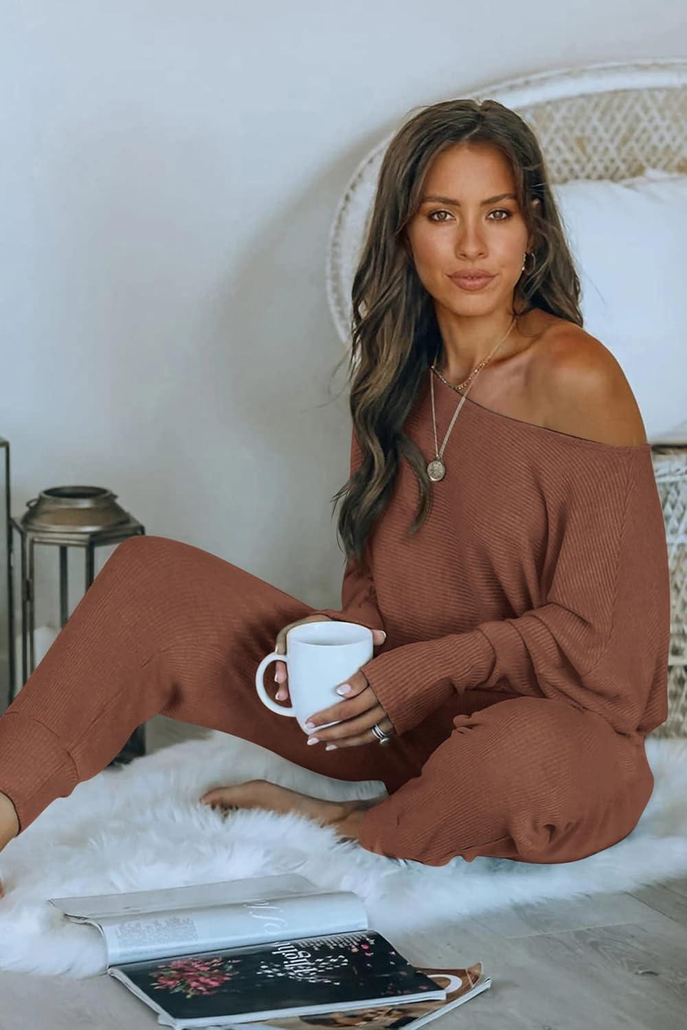 imagePRETTYGARDEN Two Piece Sets for Women 2026 Casual Ribbed Knit Off Shoulder Tops Lounge Pants Fall Tracksuits Winter ClothesCoffee