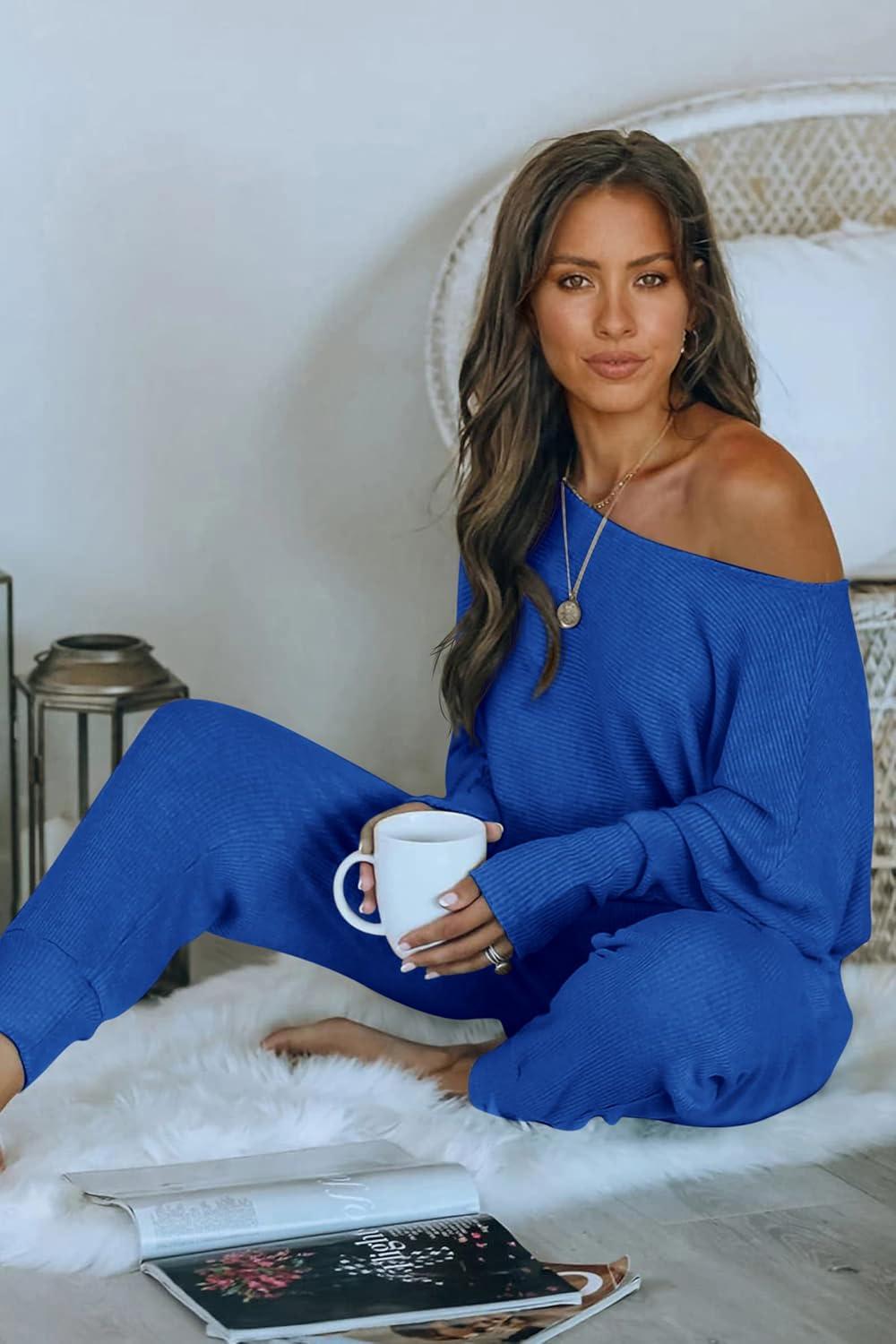 imagePRETTYGARDEN Two Piece Sets for Women 2026 Casual Ribbed Knit Off Shoulder Tops Lounge Pants Fall Tracksuits Winter ClothesDark Blue