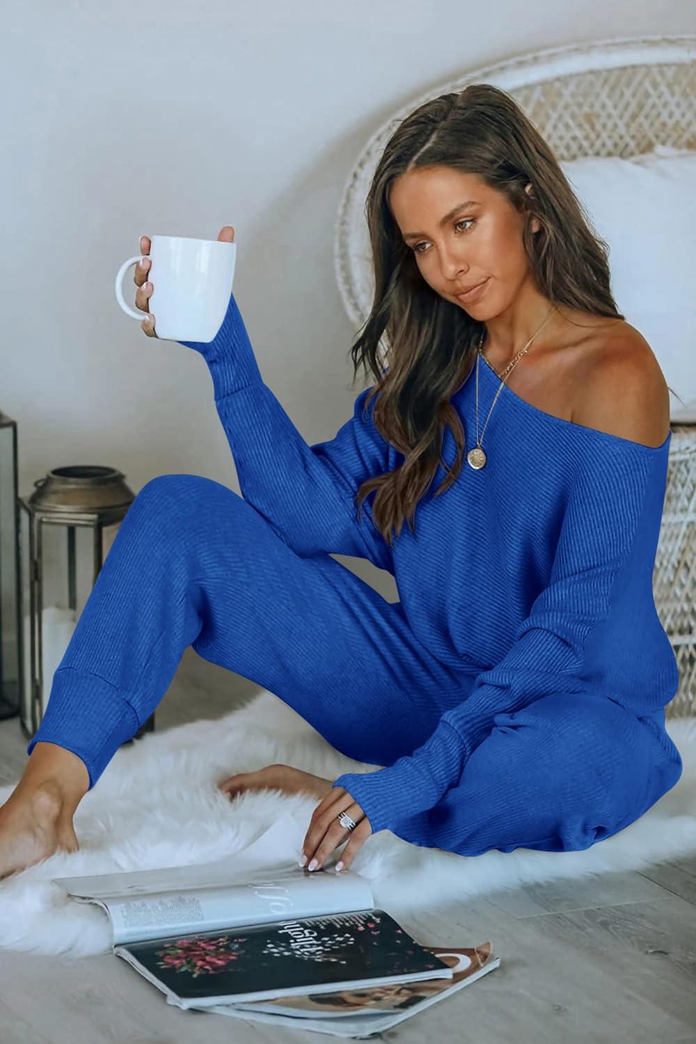 imagePRETTYGARDEN Two Piece Sets for Women 2026 Casual Ribbed Knit Off Shoulder Tops Lounge Pants Fall Tracksuits Winter ClothesDark Blue