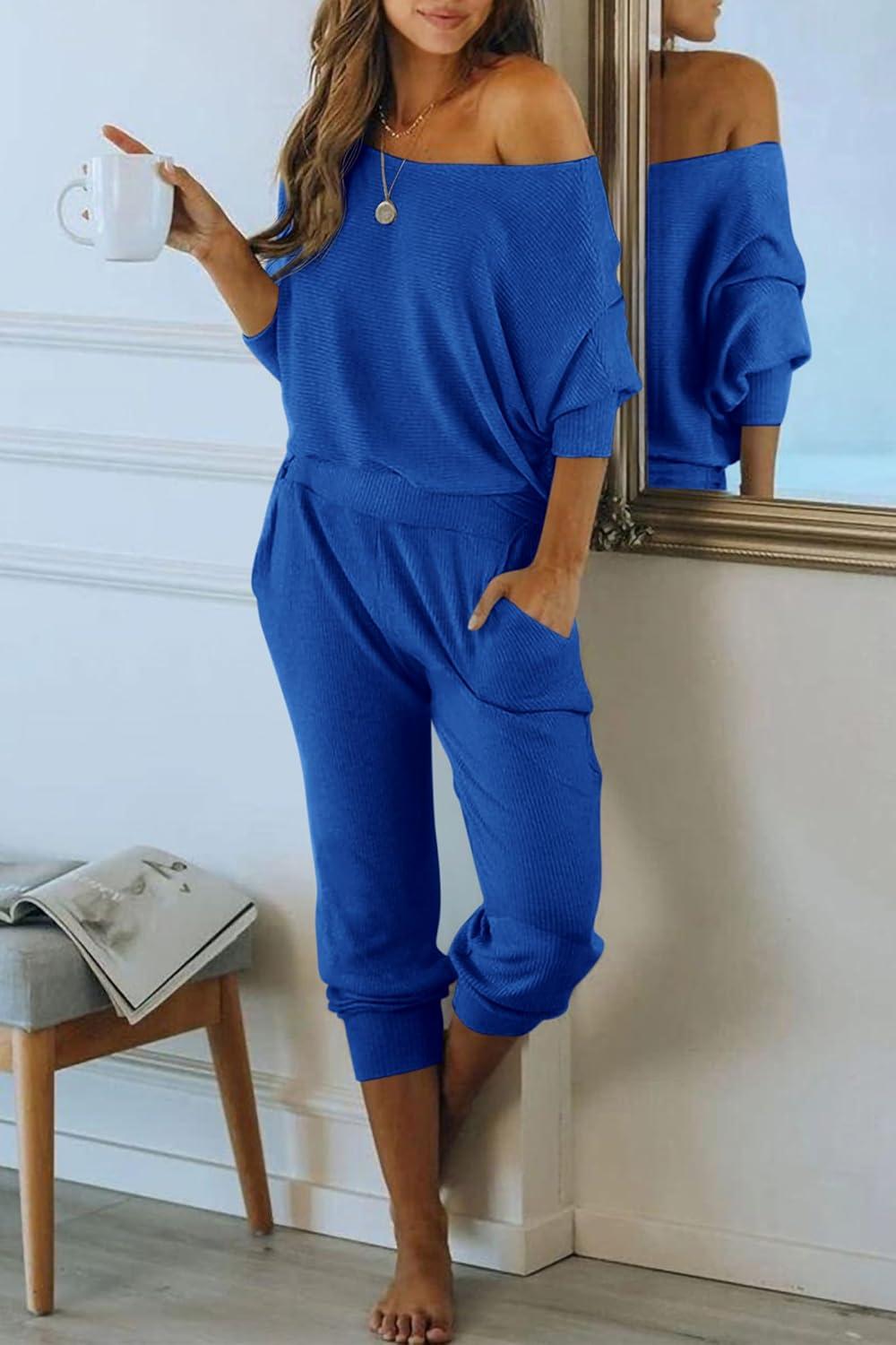 imagePRETTYGARDEN Two Piece Sets for Women 2026 Casual Ribbed Knit Off Shoulder Tops Lounge Pants Fall Tracksuits Winter ClothesDark Blue