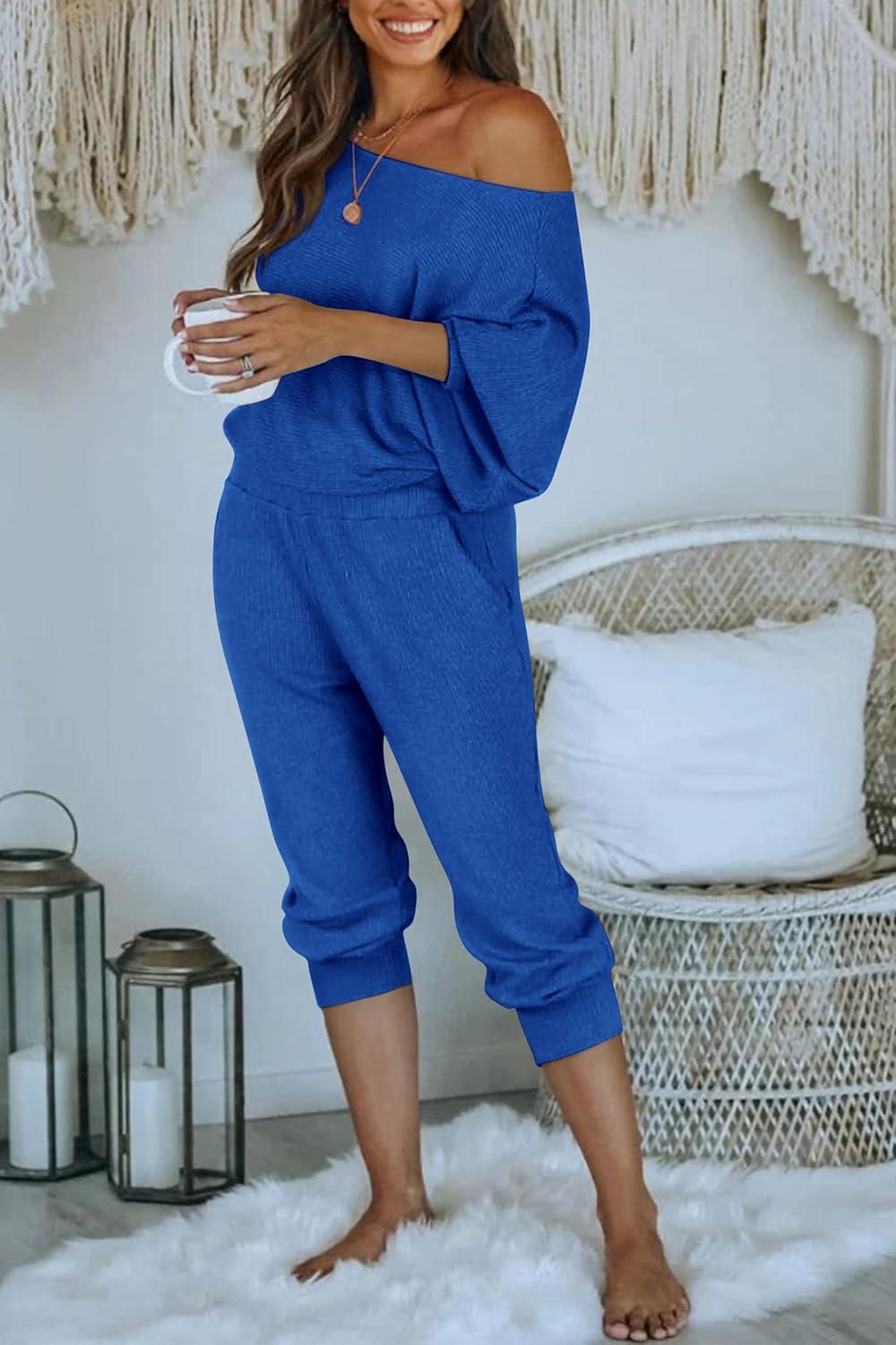 imagePRETTYGARDEN Two Piece Sets for Women 2026 Casual Ribbed Knit Off Shoulder Tops Lounge Pants Fall Tracksuits Winter ClothesDark Blue