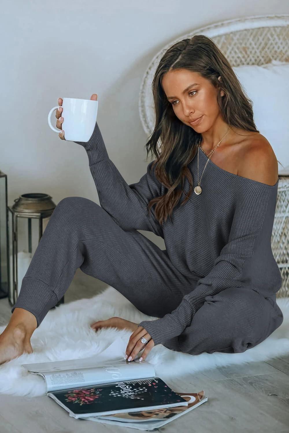 imagePRETTYGARDEN Two Piece Sets for Women 2026 Casual Ribbed Knit Off Shoulder Tops Lounge Pants Fall Tracksuits Winter ClothesDark Grey