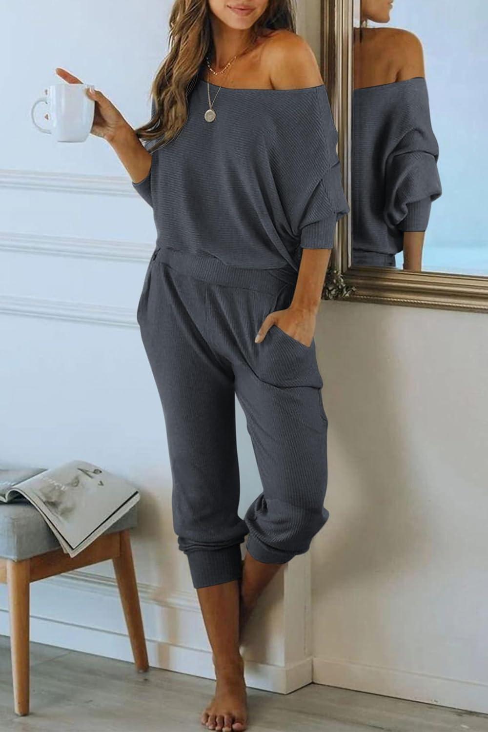 imagePRETTYGARDEN Two Piece Sets for Women 2026 Casual Ribbed Knit Off Shoulder Tops Lounge Pants Fall Tracksuits Winter ClothesDark Grey