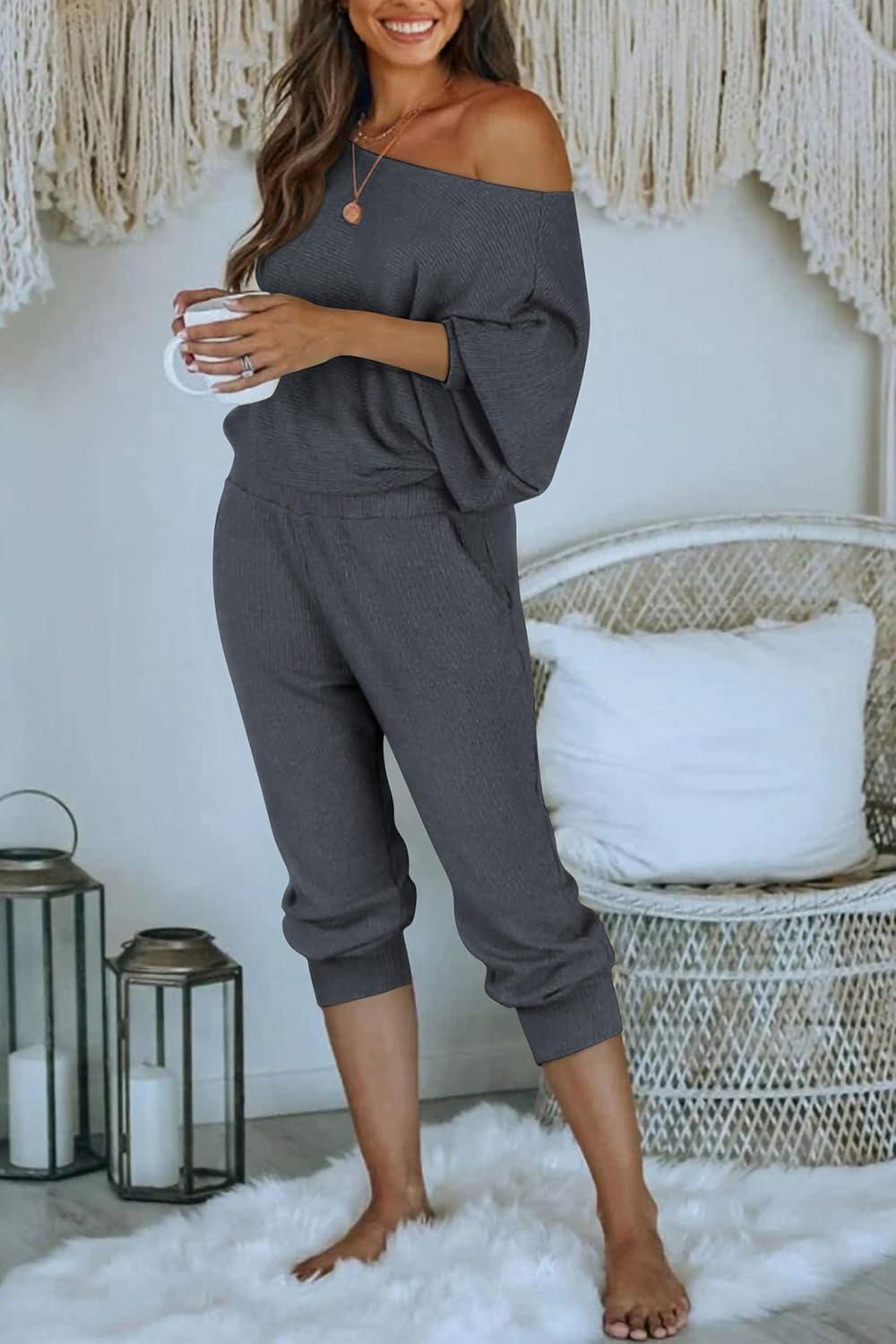 imagePRETTYGARDEN Two Piece Sets for Women 2026 Casual Ribbed Knit Off Shoulder Tops Lounge Pants Fall Tracksuits Winter ClothesDark Grey