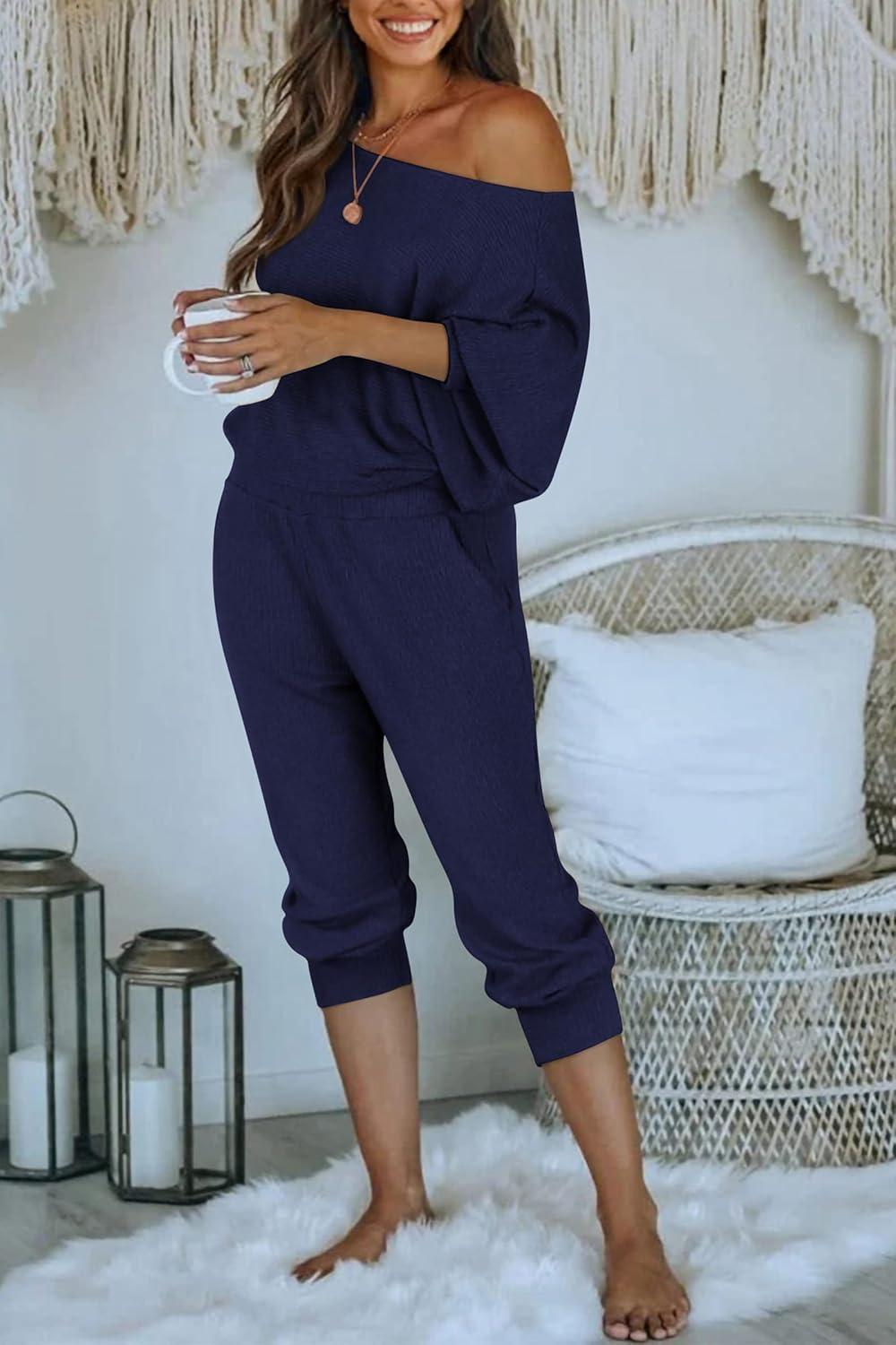 imagePRETTYGARDEN Two Piece Sets for Women 2026 Casual Ribbed Knit Off Shoulder Tops Lounge Pants Fall Tracksuits Winter ClothesDark Sea Blue