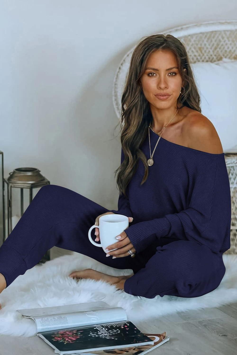 imagePRETTYGARDEN Two Piece Sets for Women 2026 Casual Ribbed Knit Off Shoulder Tops Lounge Pants Fall Tracksuits Winter ClothesDark Sea Blue