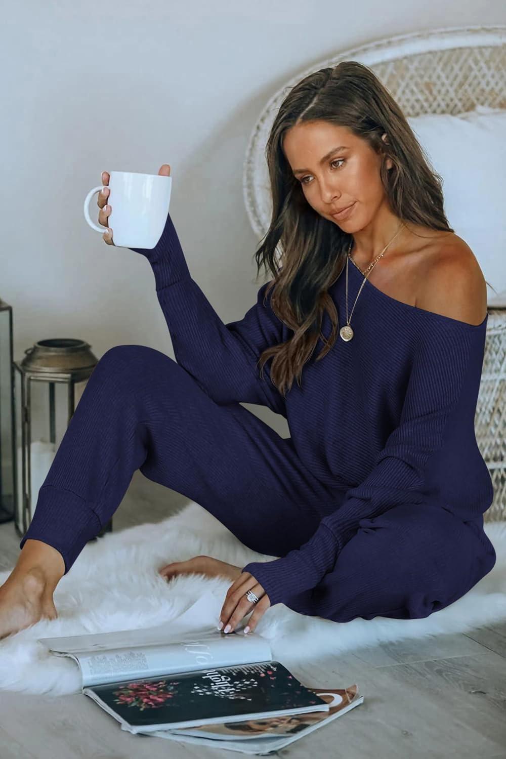 imagePRETTYGARDEN Two Piece Sets for Women 2026 Casual Ribbed Knit Off Shoulder Tops Lounge Pants Fall Tracksuits Winter ClothesDark Sea Blue