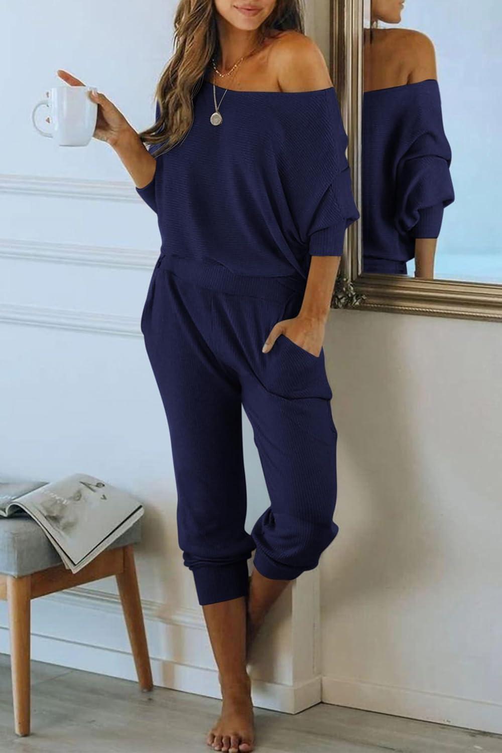 imagePRETTYGARDEN Two Piece Sets for Women 2026 Casual Ribbed Knit Off Shoulder Tops Lounge Pants Fall Tracksuits Winter ClothesDark Sea Blue
