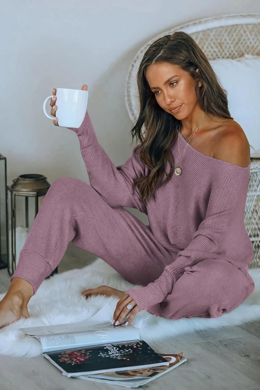 imagePRETTYGARDEN Two Piece Sets for Women 2026 Casual Ribbed Knit Off Shoulder Tops Lounge Pants Fall Tracksuits Winter ClothesDeep Purple