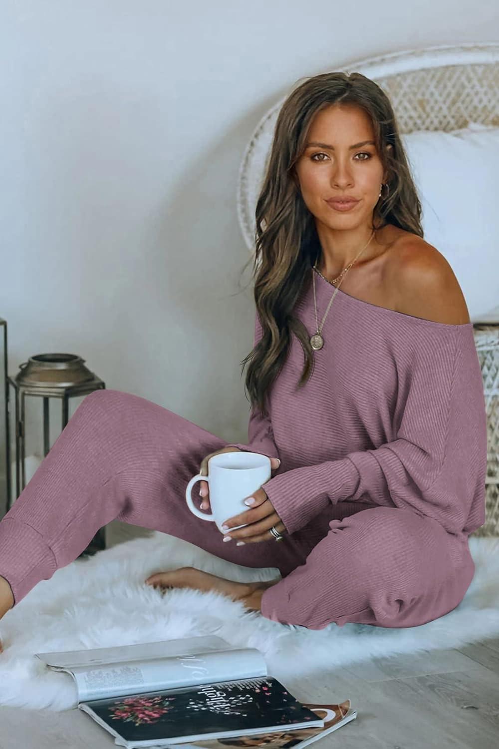 imagePRETTYGARDEN Two Piece Sets for Women 2026 Casual Ribbed Knit Off Shoulder Tops Lounge Pants Fall Tracksuits Winter ClothesDeep Purple