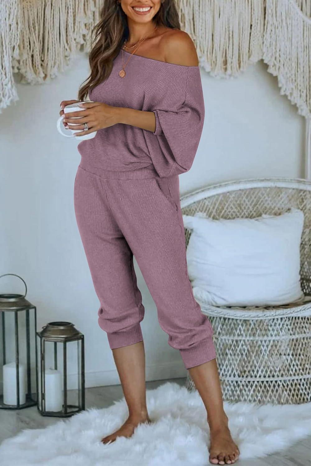 imagePRETTYGARDEN Two Piece Sets for Women 2026 Casual Ribbed Knit Off Shoulder Tops Lounge Pants Fall Tracksuits Winter ClothesDeep Purple