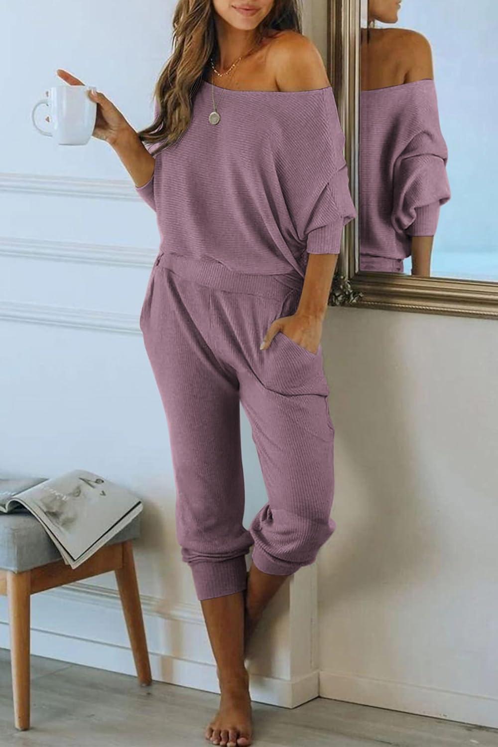imagePRETTYGARDEN Two Piece Sets for Women 2026 Casual Ribbed Knit Off Shoulder Tops Lounge Pants Fall Tracksuits Winter ClothesDeep Purple