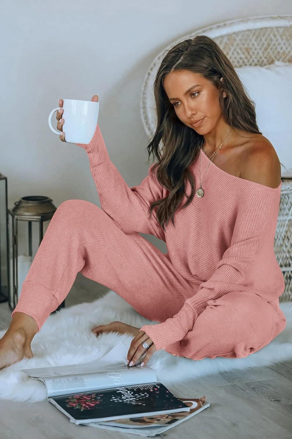 imagePRETTYGARDEN Two Piece Sets for Women 2026 Casual Ribbed Knit Off Shoulder Tops Lounge Pants Fall Tracksuits Winter ClothesDusty Pink