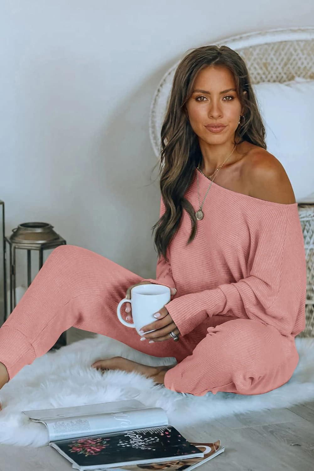 imagePRETTYGARDEN Two Piece Sets for Women 2026 Casual Ribbed Knit Off Shoulder Tops Lounge Pants Fall Tracksuits Winter ClothesDusty Pink