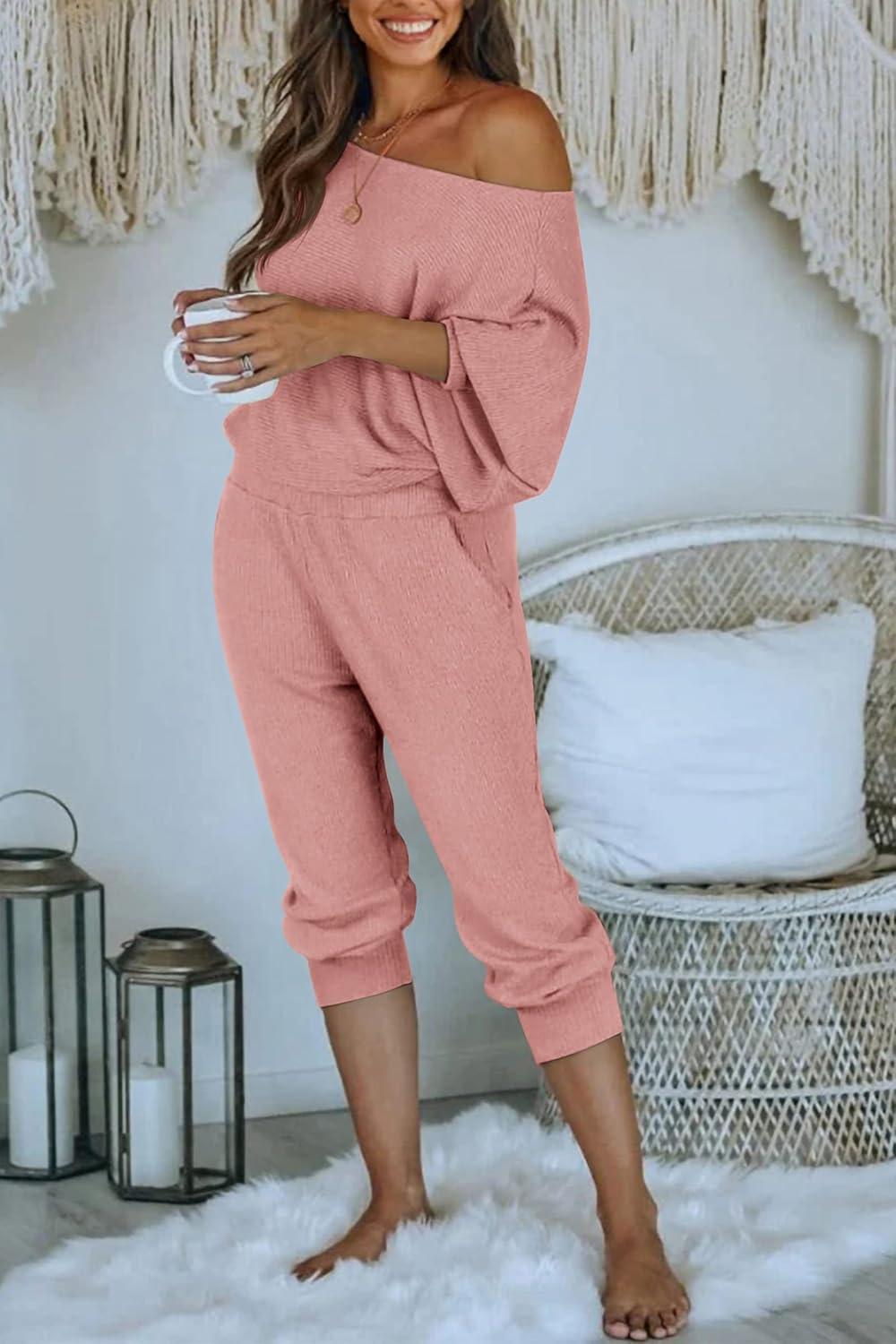 imagePRETTYGARDEN Two Piece Sets for Women 2026 Casual Ribbed Knit Off Shoulder Tops Lounge Pants Fall Tracksuits Winter ClothesDusty Pink