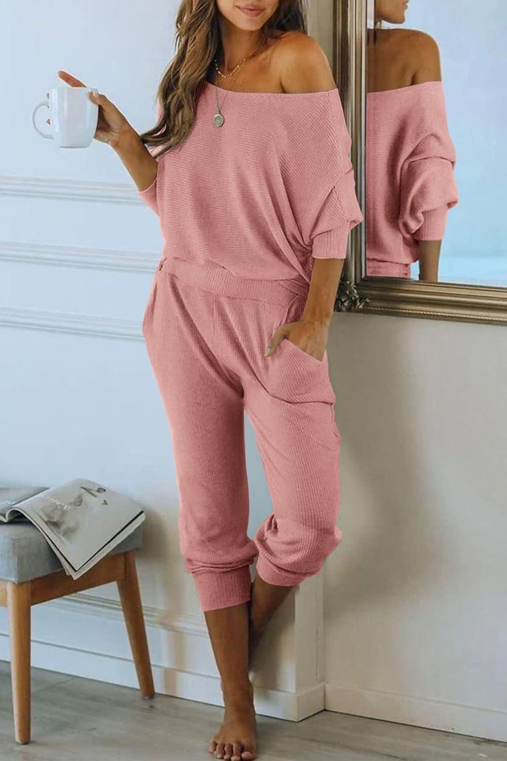 imagePRETTYGARDEN Two Piece Sets for Women 2026 Casual Ribbed Knit Off Shoulder Tops Lounge Pants Fall Tracksuits Winter ClothesDusty Pink