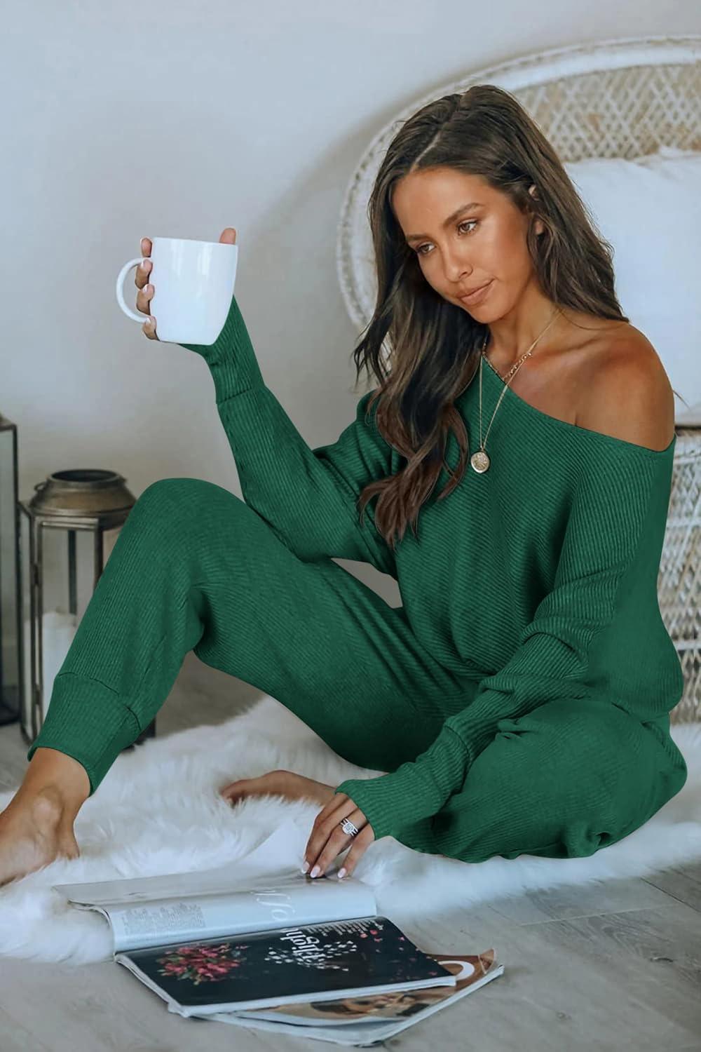 imagePRETTYGARDEN Two Piece Sets for Women 2026 Casual Ribbed Knit Off Shoulder Tops Lounge Pants Fall Tracksuits Winter ClothesGreen