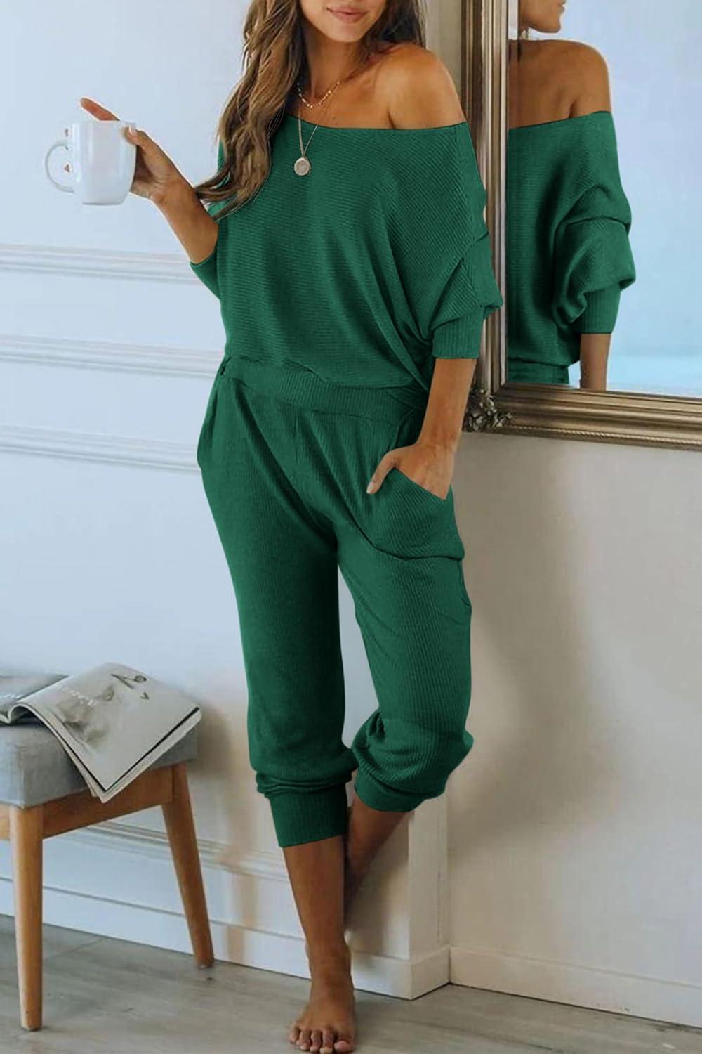 imagePRETTYGARDEN Two Piece Sets for Women 2026 Casual Ribbed Knit Off Shoulder Tops Lounge Pants Fall Tracksuits Winter ClothesGreen