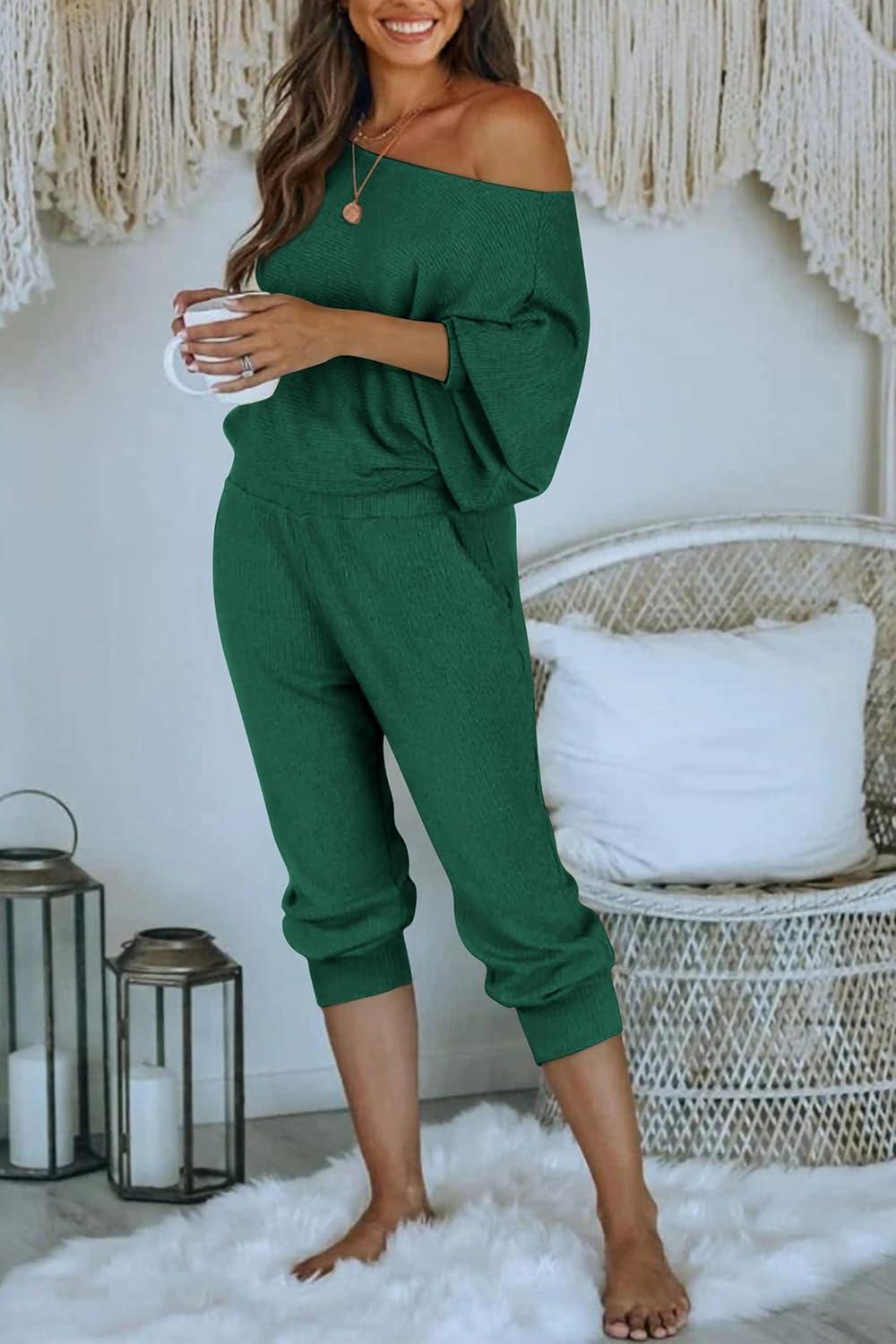 imagePRETTYGARDEN Two Piece Sets for Women 2026 Casual Ribbed Knit Off Shoulder Tops Lounge Pants Fall Tracksuits Winter ClothesGreen