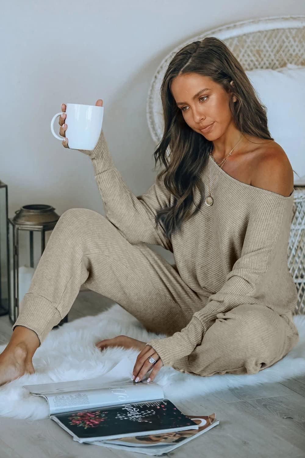 imagePRETTYGARDEN Two Piece Sets for Women 2026 Casual Ribbed Knit Off Shoulder Tops Lounge Pants Fall Tracksuits Winter ClothesGrey