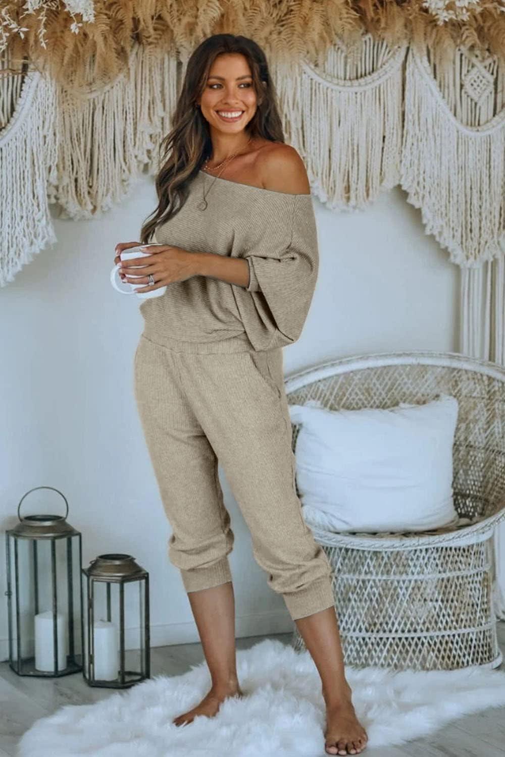 imagePRETTYGARDEN Two Piece Sets for Women 2026 Casual Ribbed Knit Off Shoulder Tops Lounge Pants Fall Tracksuits Winter ClothesGrey