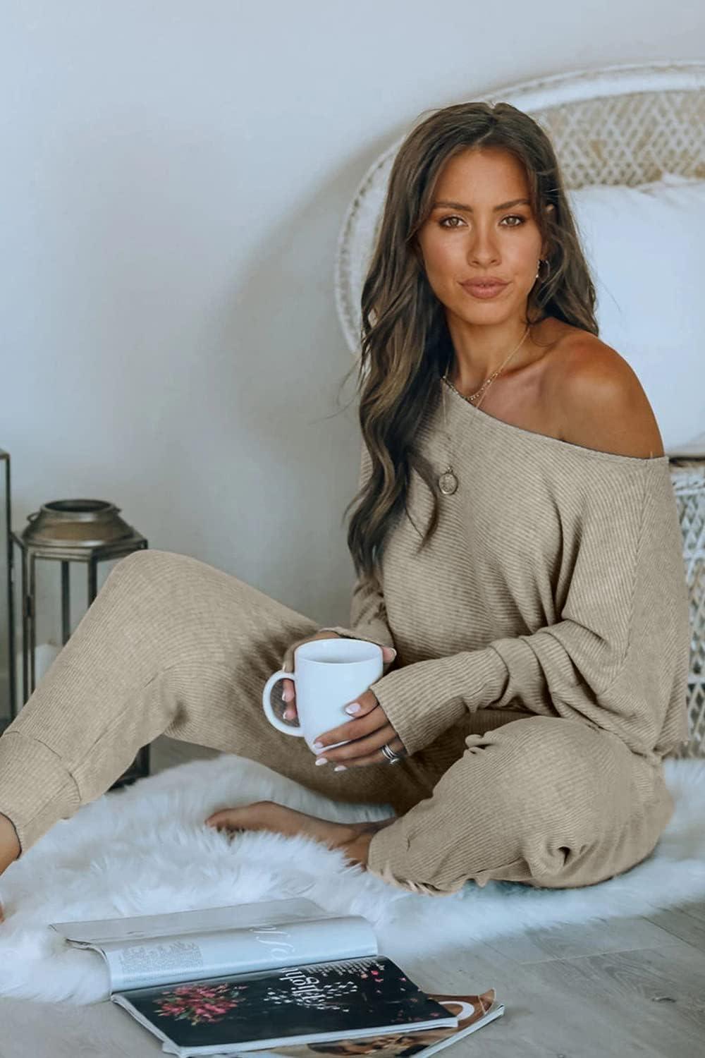 imagePRETTYGARDEN Two Piece Sets for Women 2026 Casual Ribbed Knit Off Shoulder Tops Lounge Pants Fall Tracksuits Winter ClothesGrey