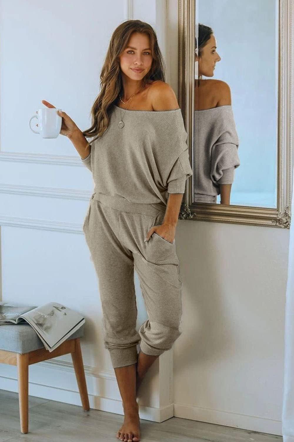 imagePRETTYGARDEN Two Piece Sets for Women 2026 Casual Ribbed Knit Off Shoulder Tops Lounge Pants Fall Tracksuits Winter ClothesGrey