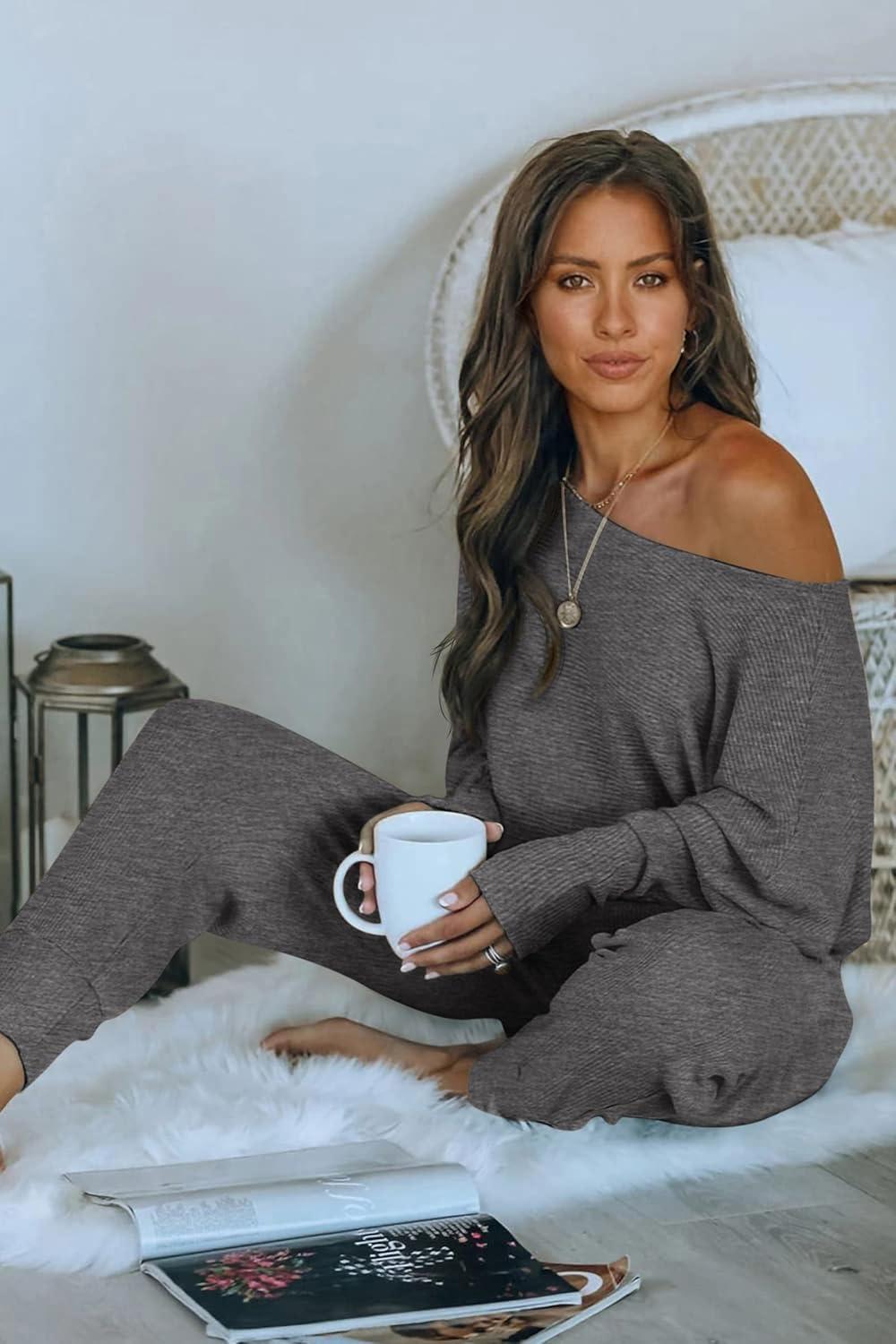 imagePRETTYGARDEN Two Piece Sets for Women 2026 Casual Ribbed Knit Off Shoulder Tops Lounge Pants Fall Tracksuits Winter ClothesGrey Blue
