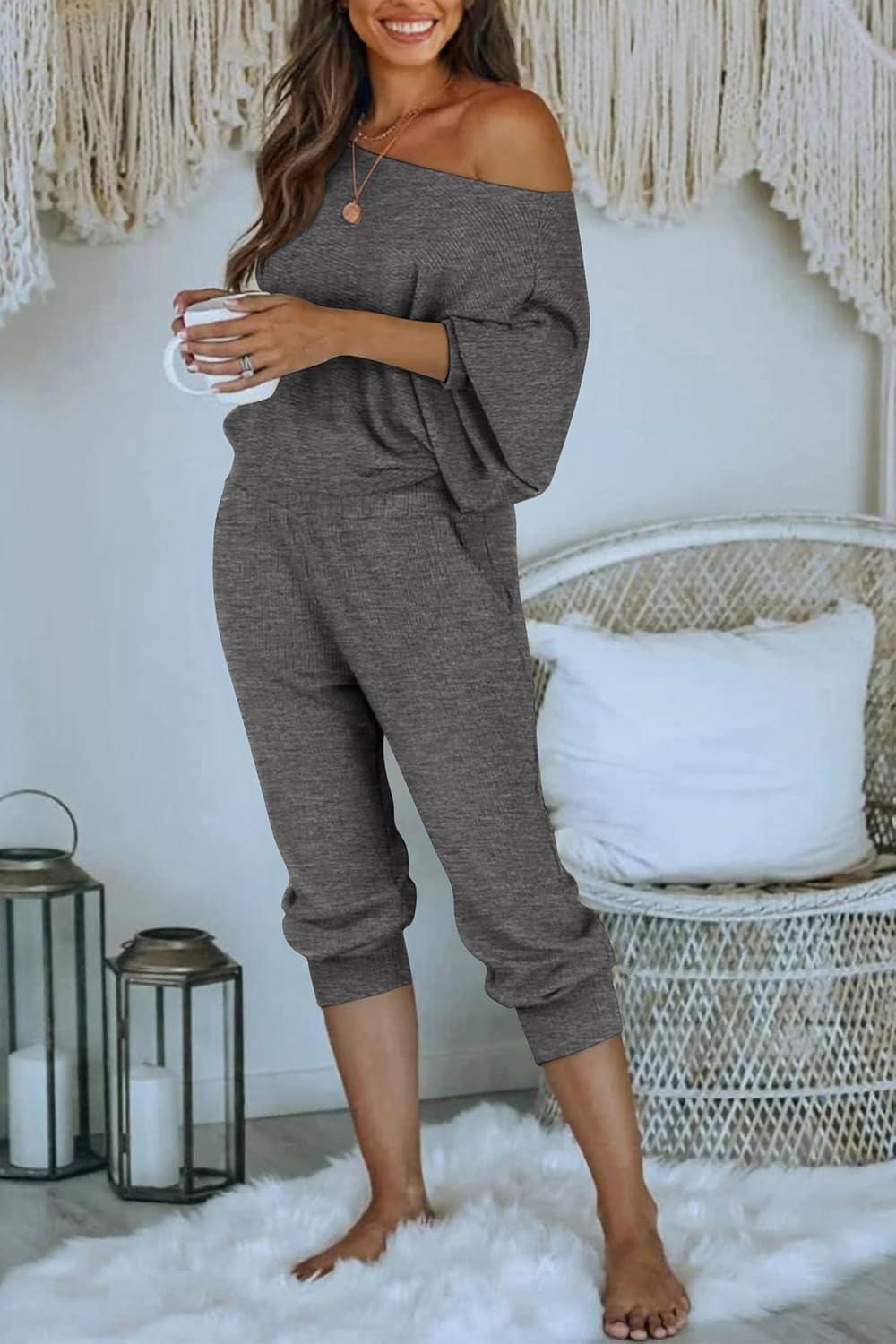 imagePRETTYGARDEN Two Piece Sets for Women 2026 Casual Ribbed Knit Off Shoulder Tops Lounge Pants Fall Tracksuits Winter ClothesGrey Blue