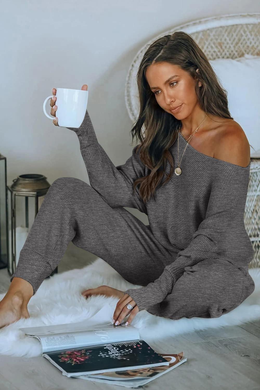 imagePRETTYGARDEN Two Piece Sets for Women 2026 Casual Ribbed Knit Off Shoulder Tops Lounge Pants Fall Tracksuits Winter ClothesGrey Blue