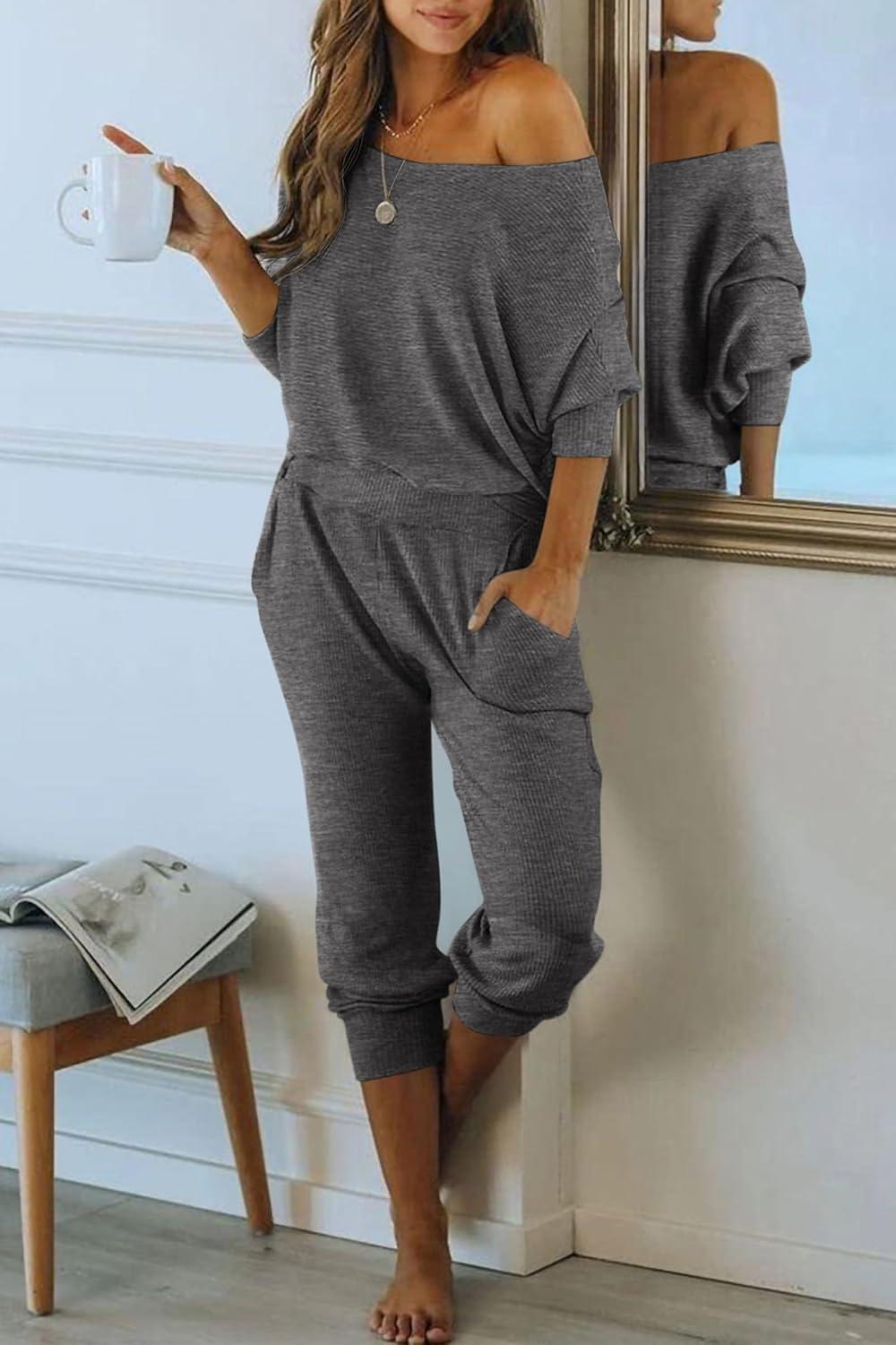 imagePRETTYGARDEN Two Piece Sets for Women 2026 Casual Ribbed Knit Off Shoulder Tops Lounge Pants Fall Tracksuits Winter ClothesGrey Blue