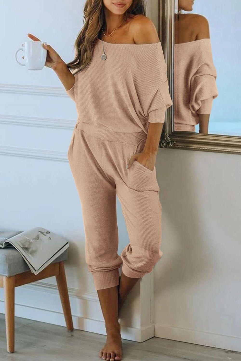 imagePRETTYGARDEN Two Piece Sets for Women 2026 Casual Ribbed Knit Off Shoulder Tops Lounge Pants Fall Tracksuits Winter ClothesKhaki