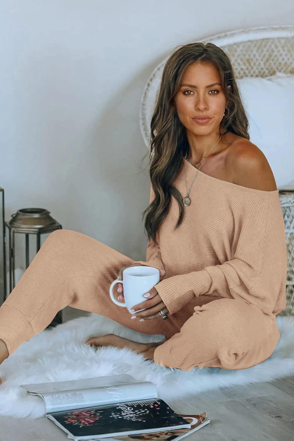 imagePRETTYGARDEN Two Piece Sets for Women 2026 Casual Ribbed Knit Off Shoulder Tops Lounge Pants Fall Tracksuits Winter ClothesKhaki