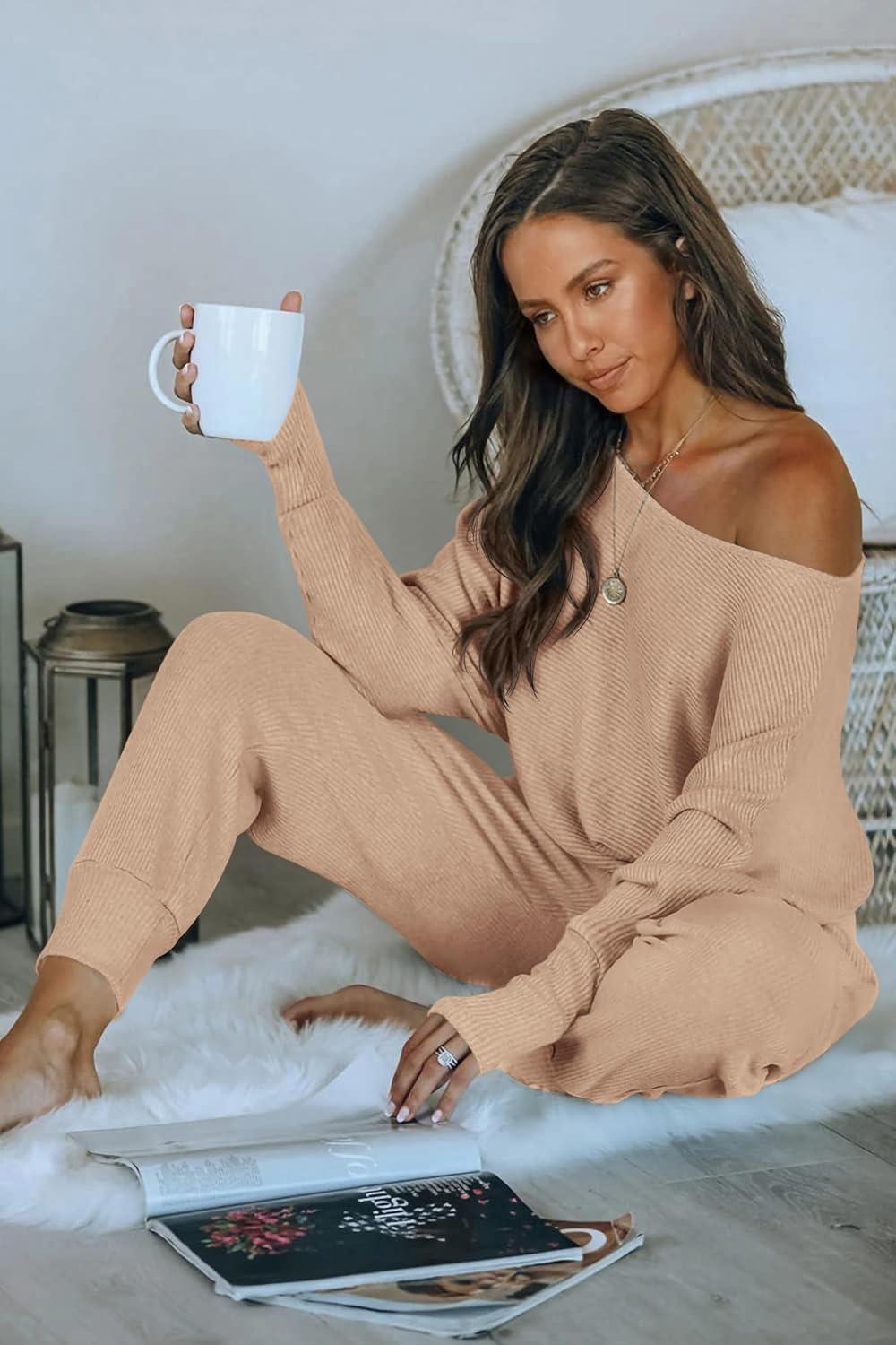 imagePRETTYGARDEN Two Piece Sets for Women 2026 Casual Ribbed Knit Off Shoulder Tops Lounge Pants Fall Tracksuits Winter ClothesKhaki