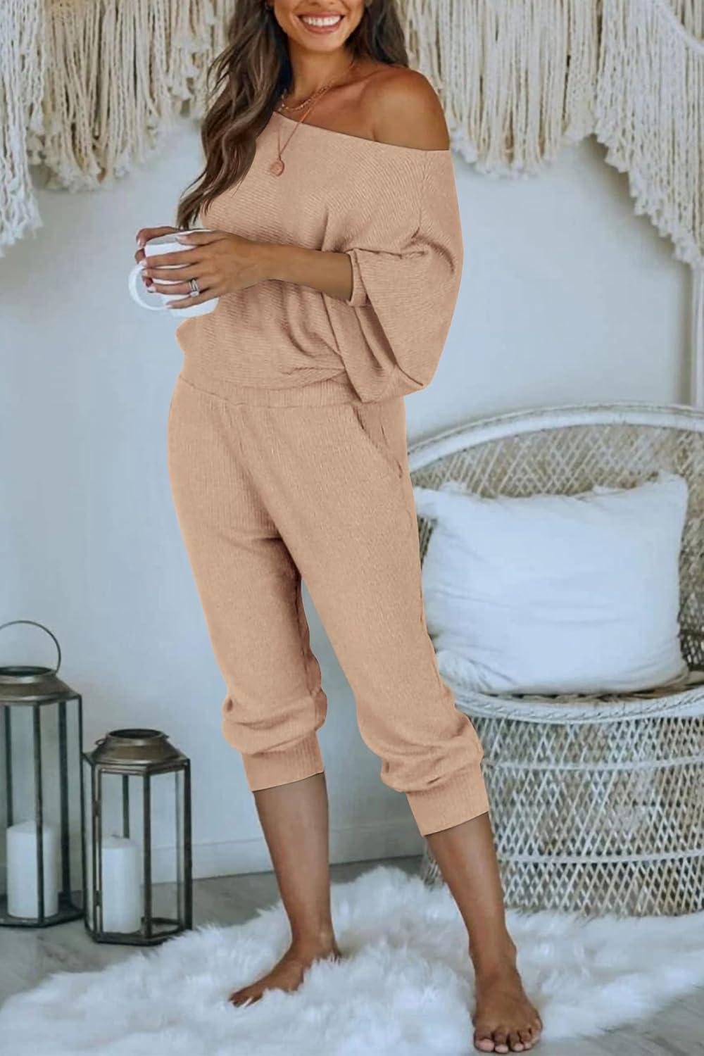 imagePRETTYGARDEN Two Piece Sets for Women 2026 Casual Ribbed Knit Off Shoulder Tops Lounge Pants Fall Tracksuits Winter ClothesKhaki
