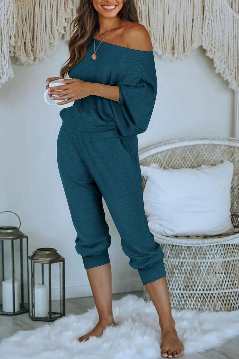 imagePRETTYGARDEN Two Piece Sets for Women 2026 Casual Ribbed Knit Off Shoulder Tops Lounge Pants Fall Tracksuits Winter ClothesLake Blue