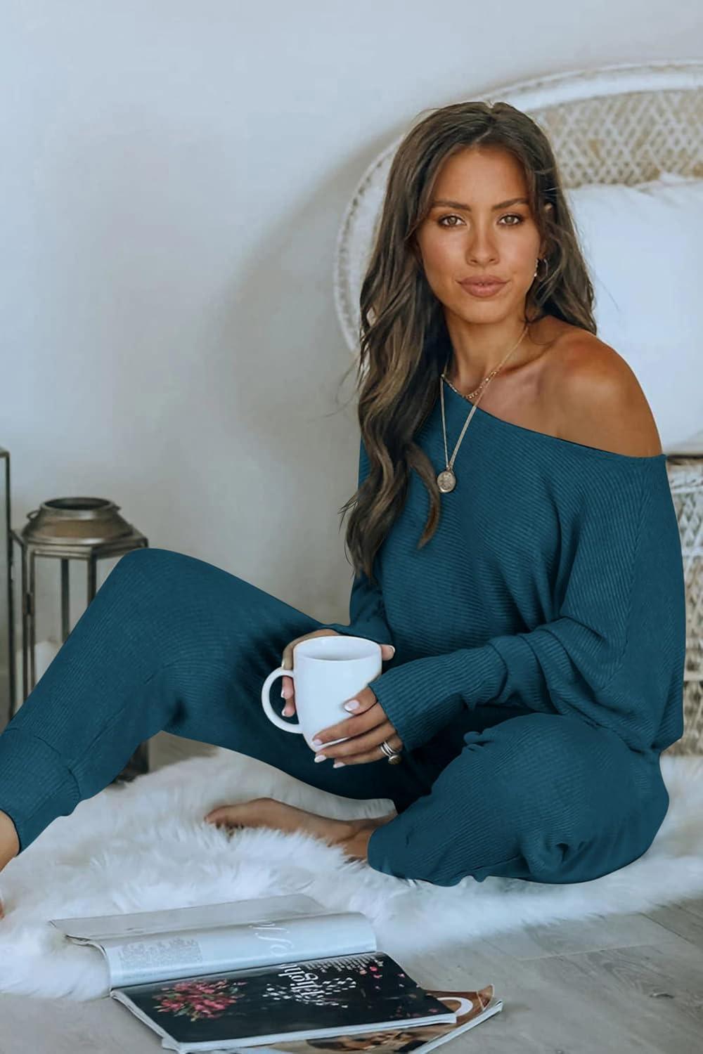 imagePRETTYGARDEN Two Piece Sets for Women 2026 Casual Ribbed Knit Off Shoulder Tops Lounge Pants Fall Tracksuits Winter ClothesLake Blue