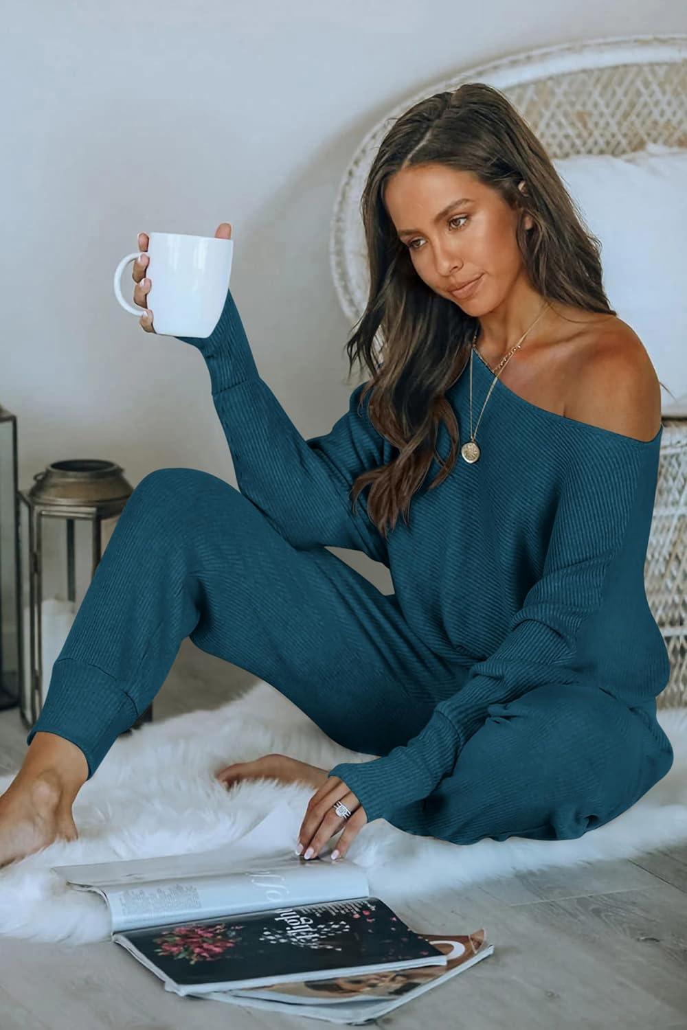imagePRETTYGARDEN Two Piece Sets for Women 2026 Casual Ribbed Knit Off Shoulder Tops Lounge Pants Fall Tracksuits Winter ClothesLake Blue